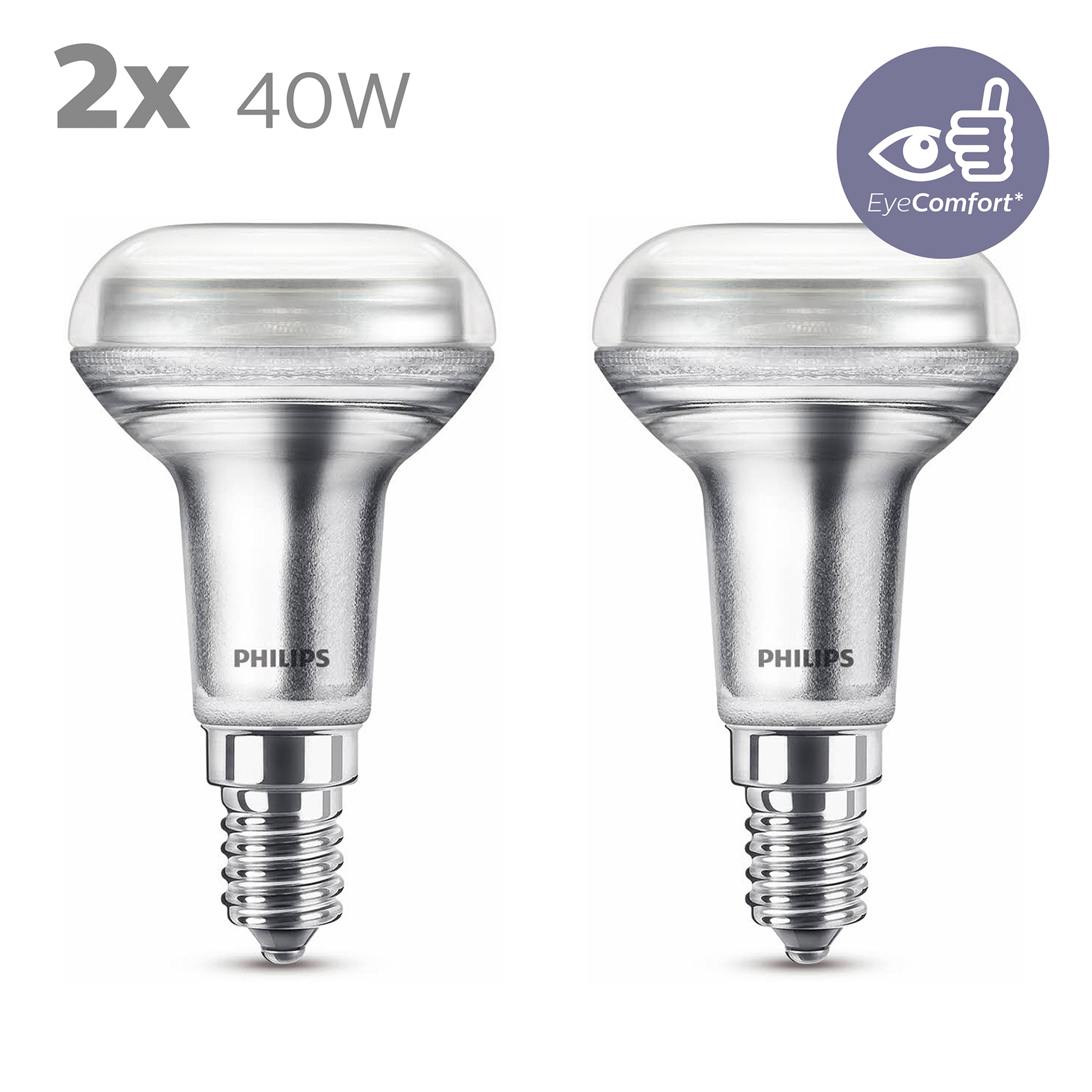Deux ampoules argentées. Le texte dit : '2x 40W'. Fond blanc.