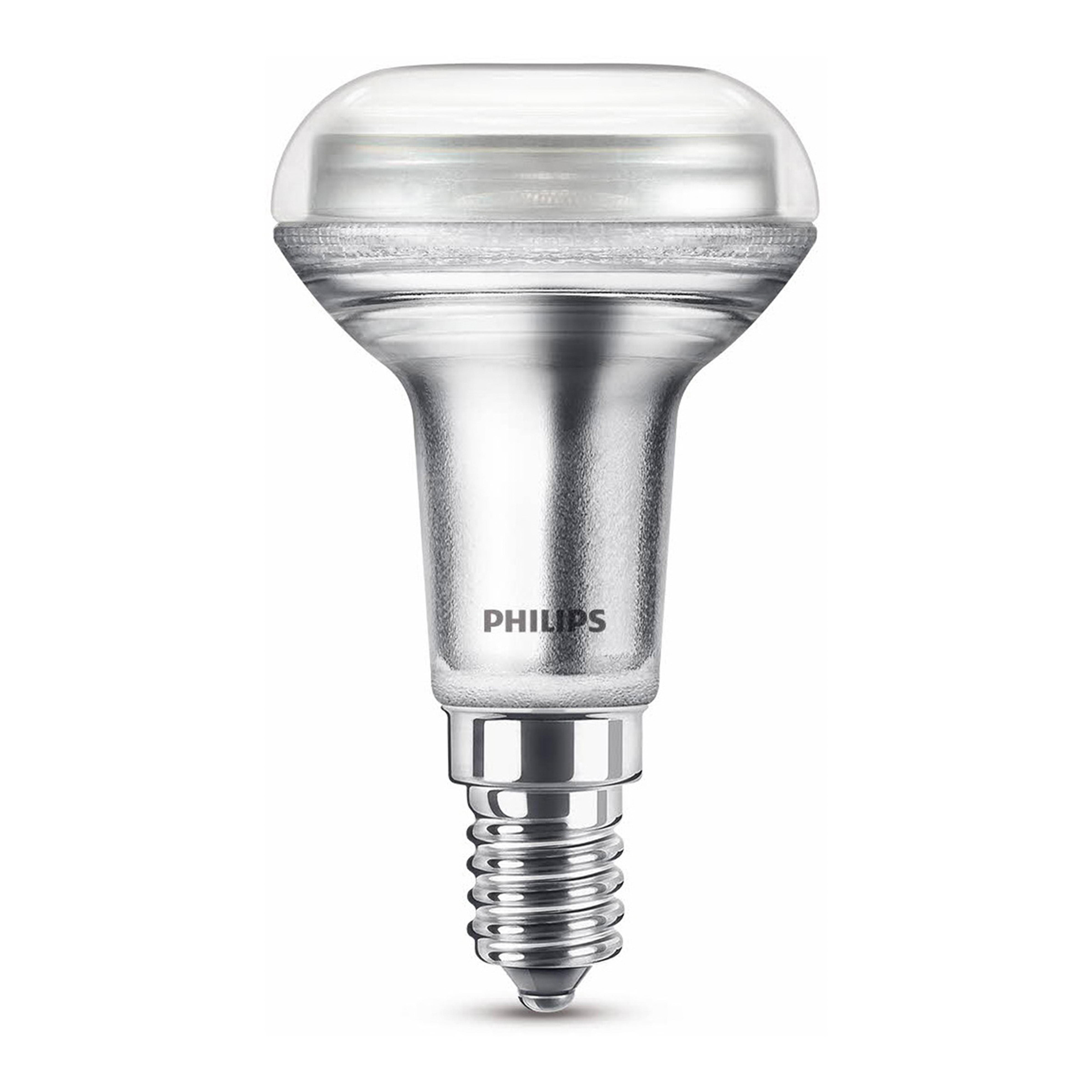 Une ampoule argentée avec un dessus rond et un culot à vis, avec PHILIPS écrit dessus.