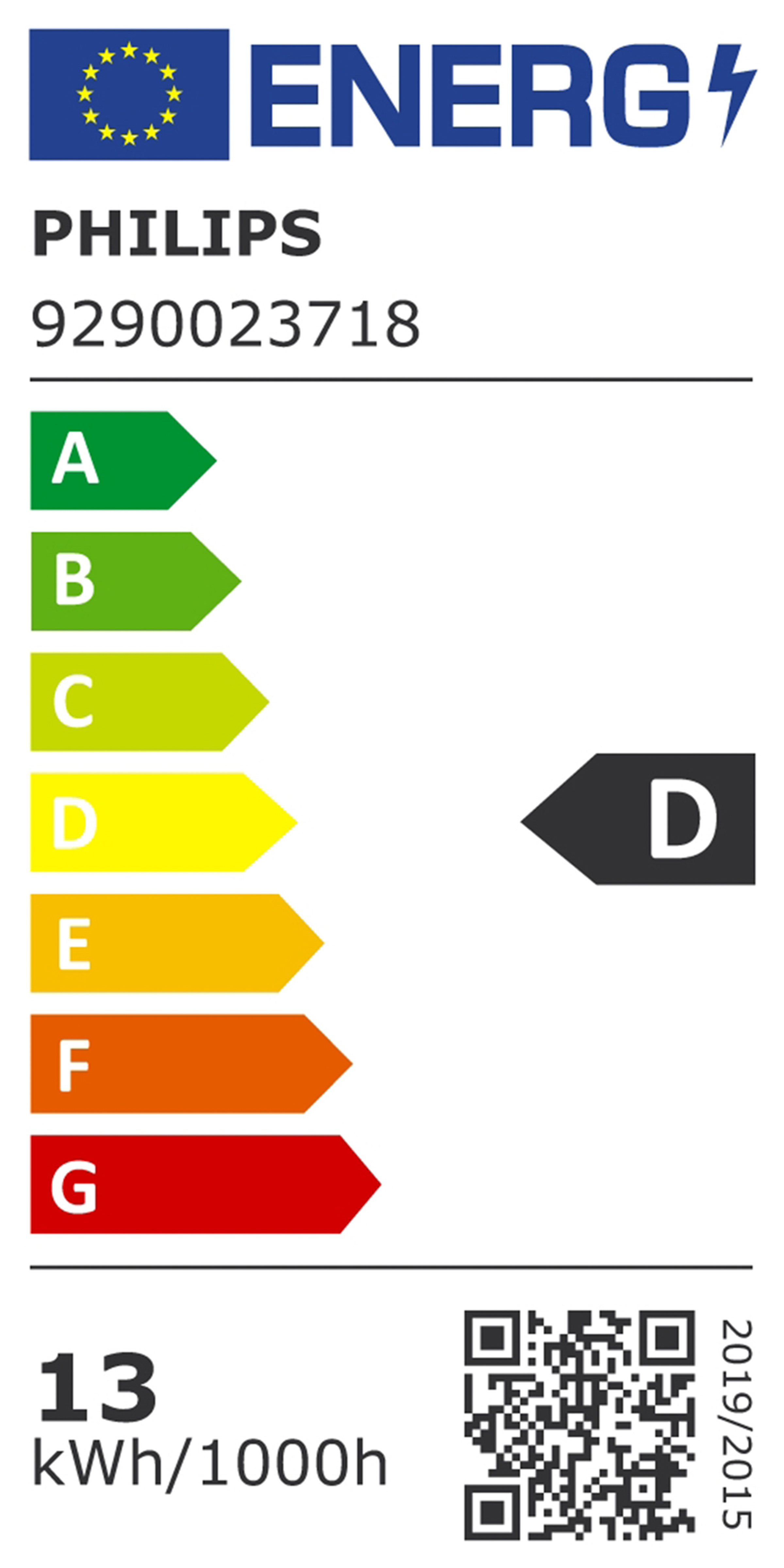 Étiquette énergétique affichant la classe D. Inclut marque, modèle et données de consommation.