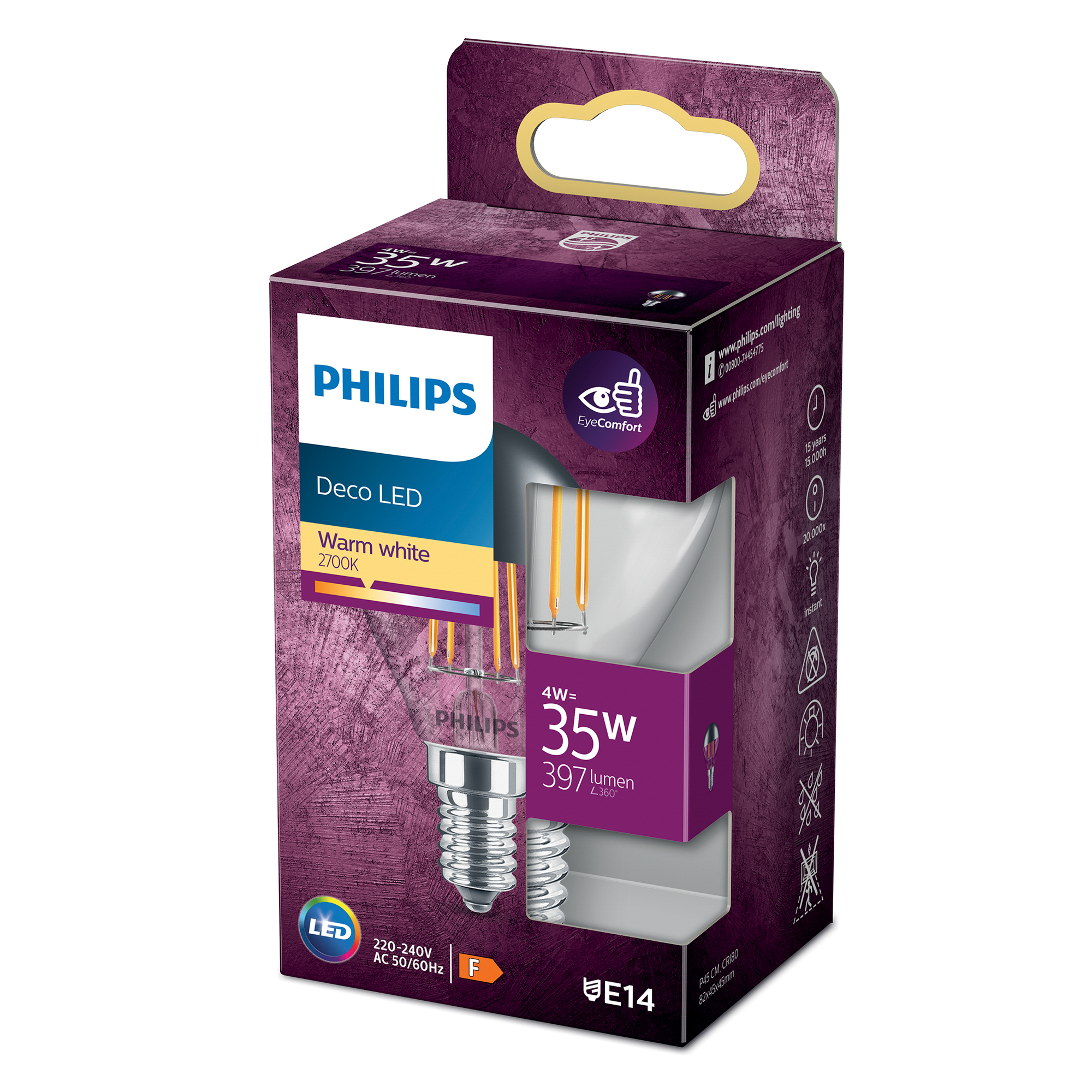 Philips LED-Glühbirne in einer lila Schachtel. Die Schachtel enthält Produktinformationen.