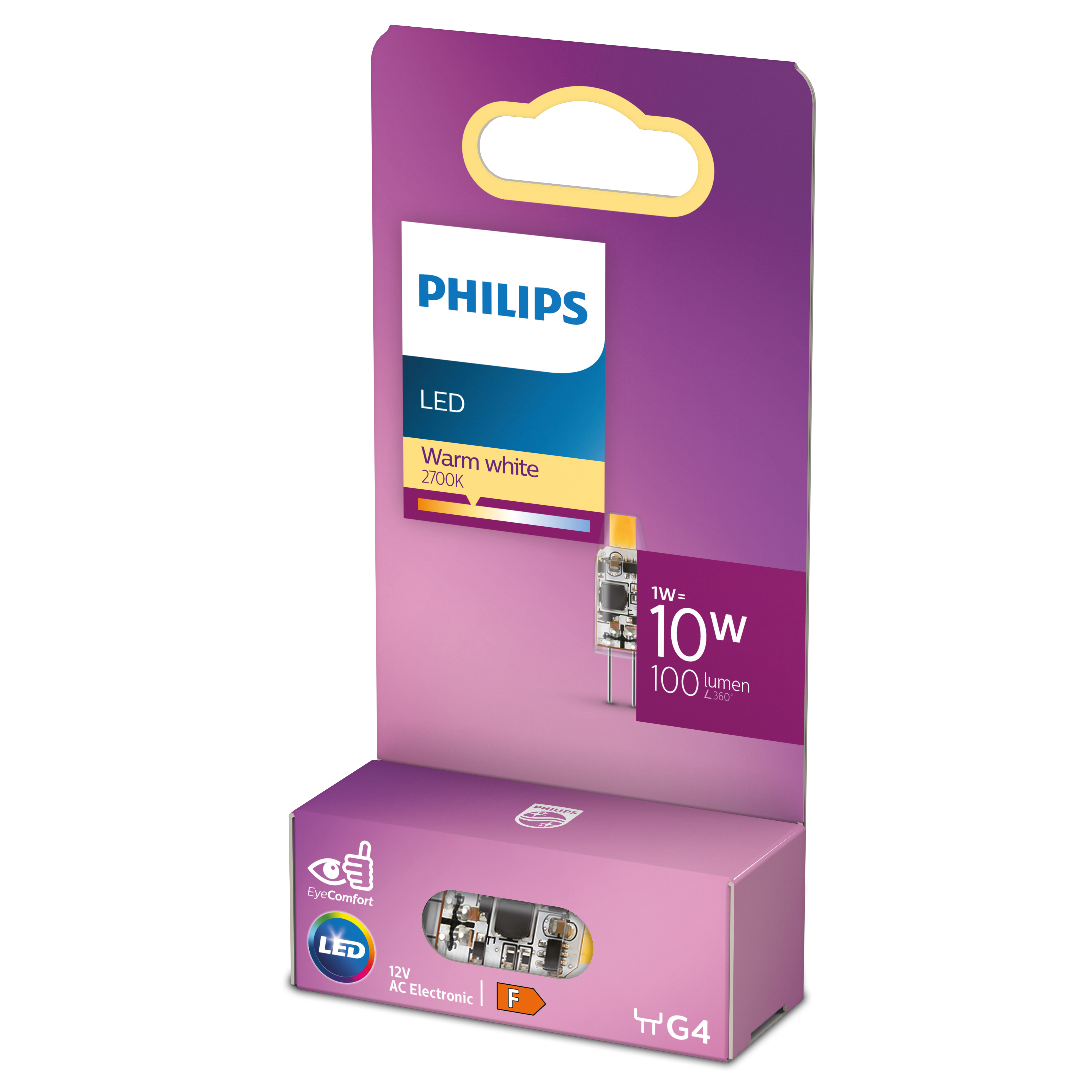 Philips LED lightbulb package, purple and white, with box.