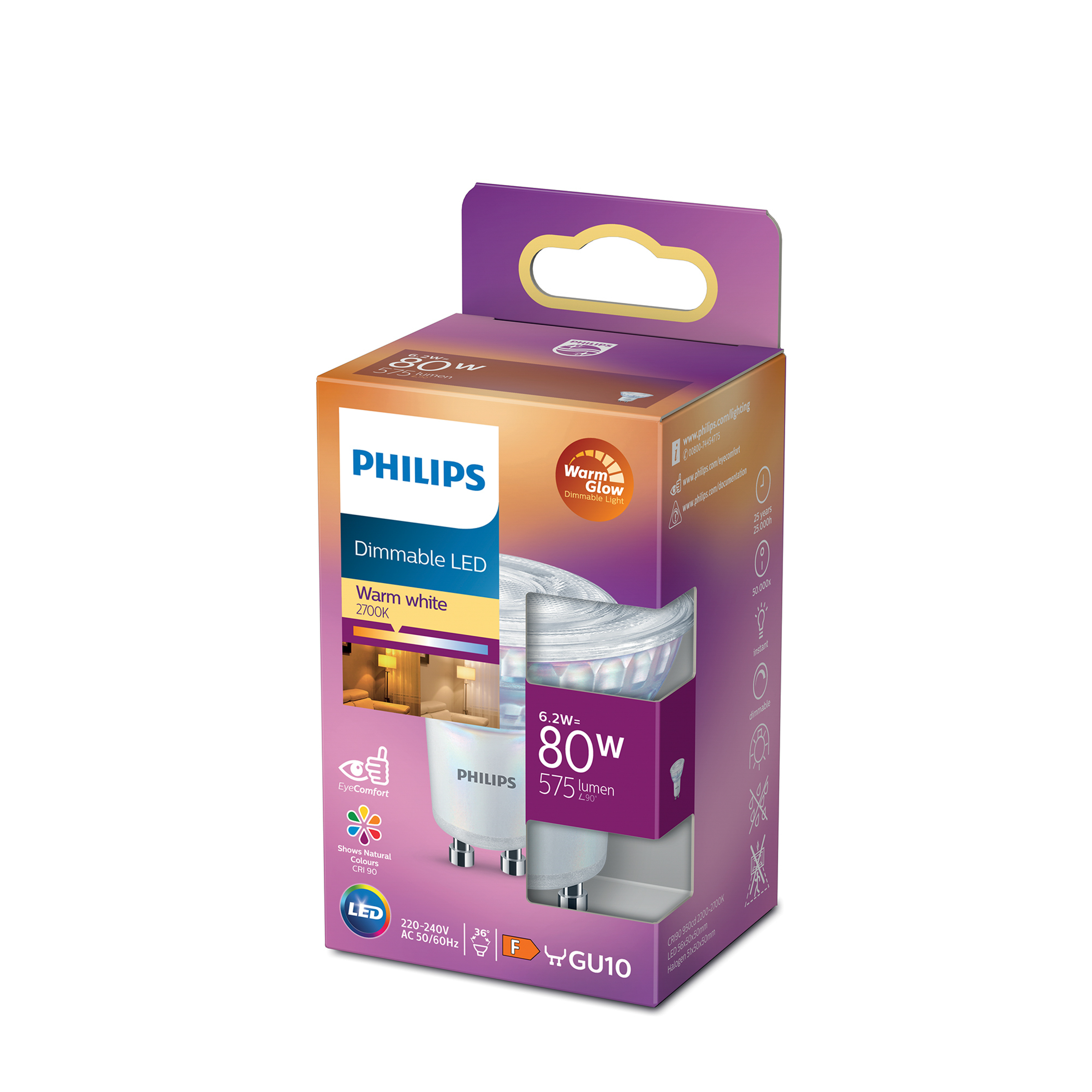 Lampadina LED Philips in scatola con attacco GU10. La confezione è viola e arancione.