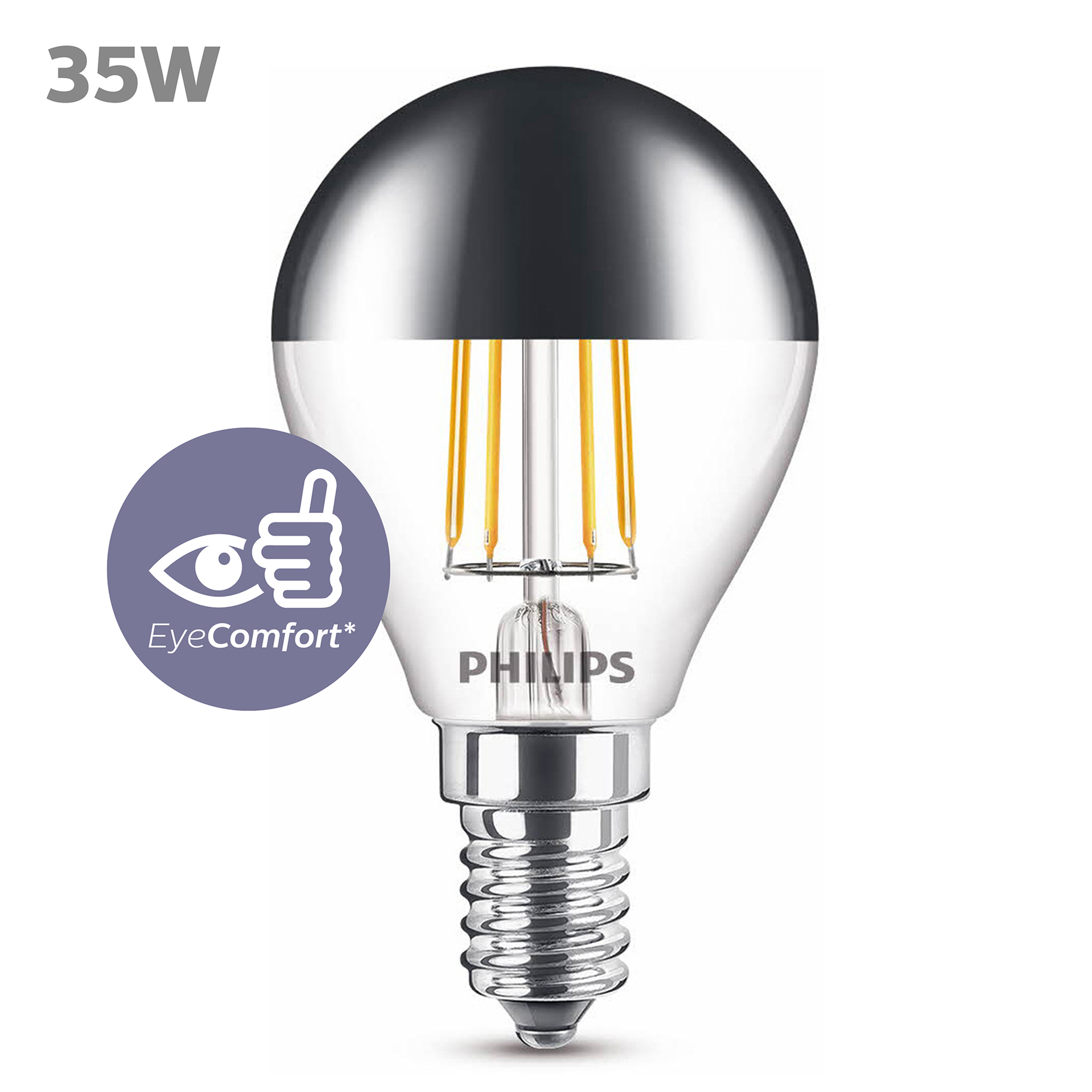 Klare LED-Glühbirne mit silbernem Oberteil, mit dem Wort Philips darauf.