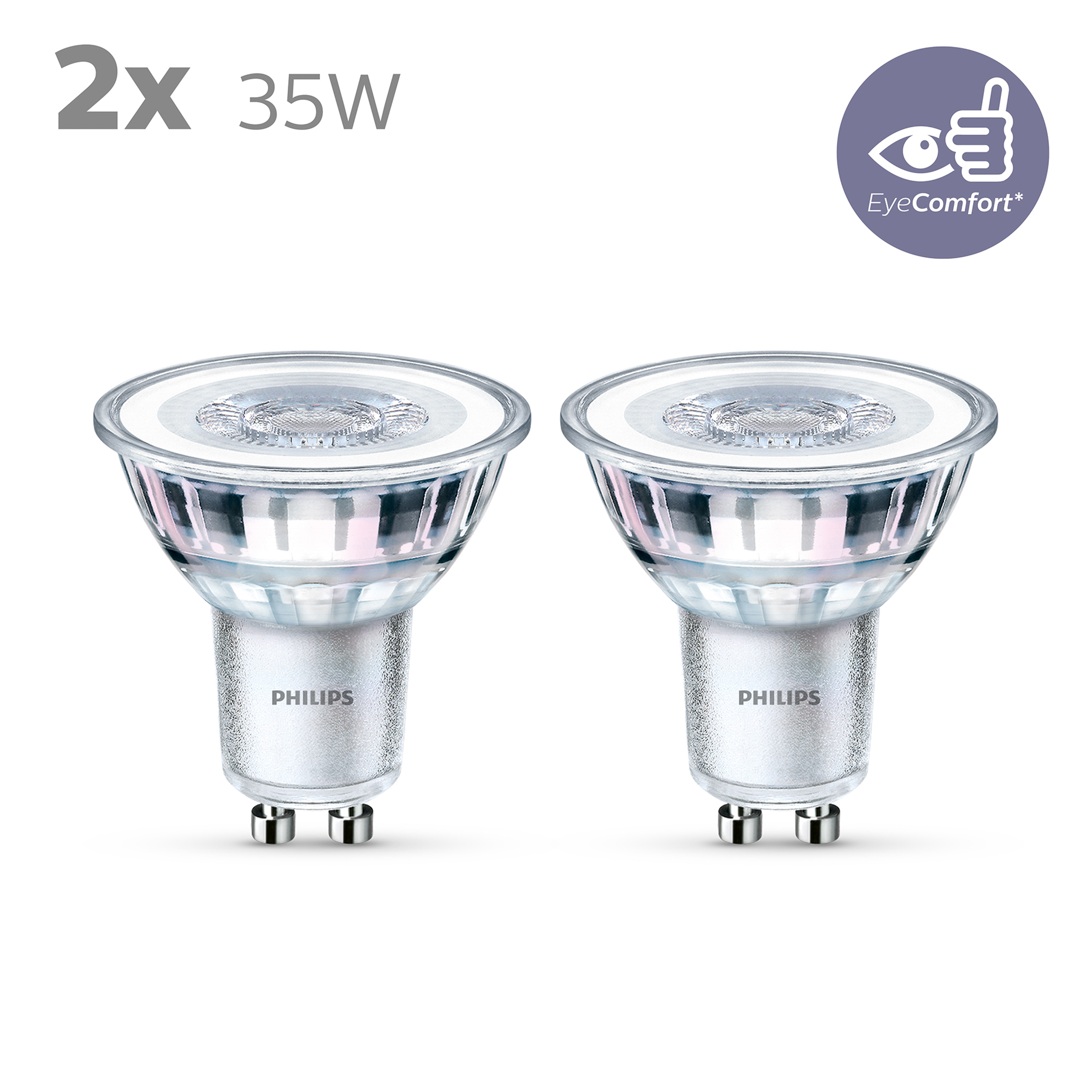 Deux ampoules LED Philips, 2x35W, sont présentées sur fond blanc. Le logo EyeComfort est visible.