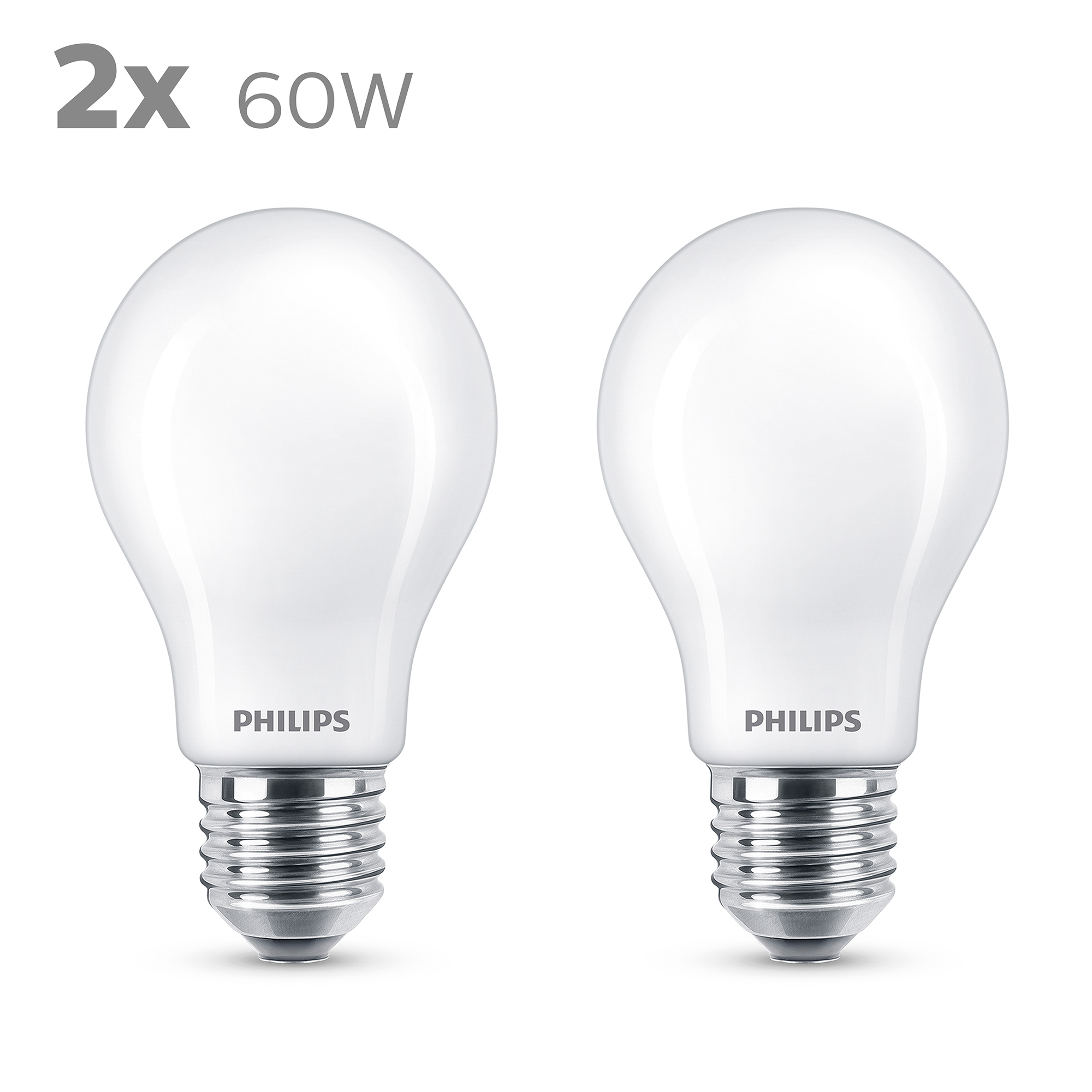 Deux ampoules Philips blanches. Elles sont sur fond blanc. Le texte supérieur indique 2x60W.