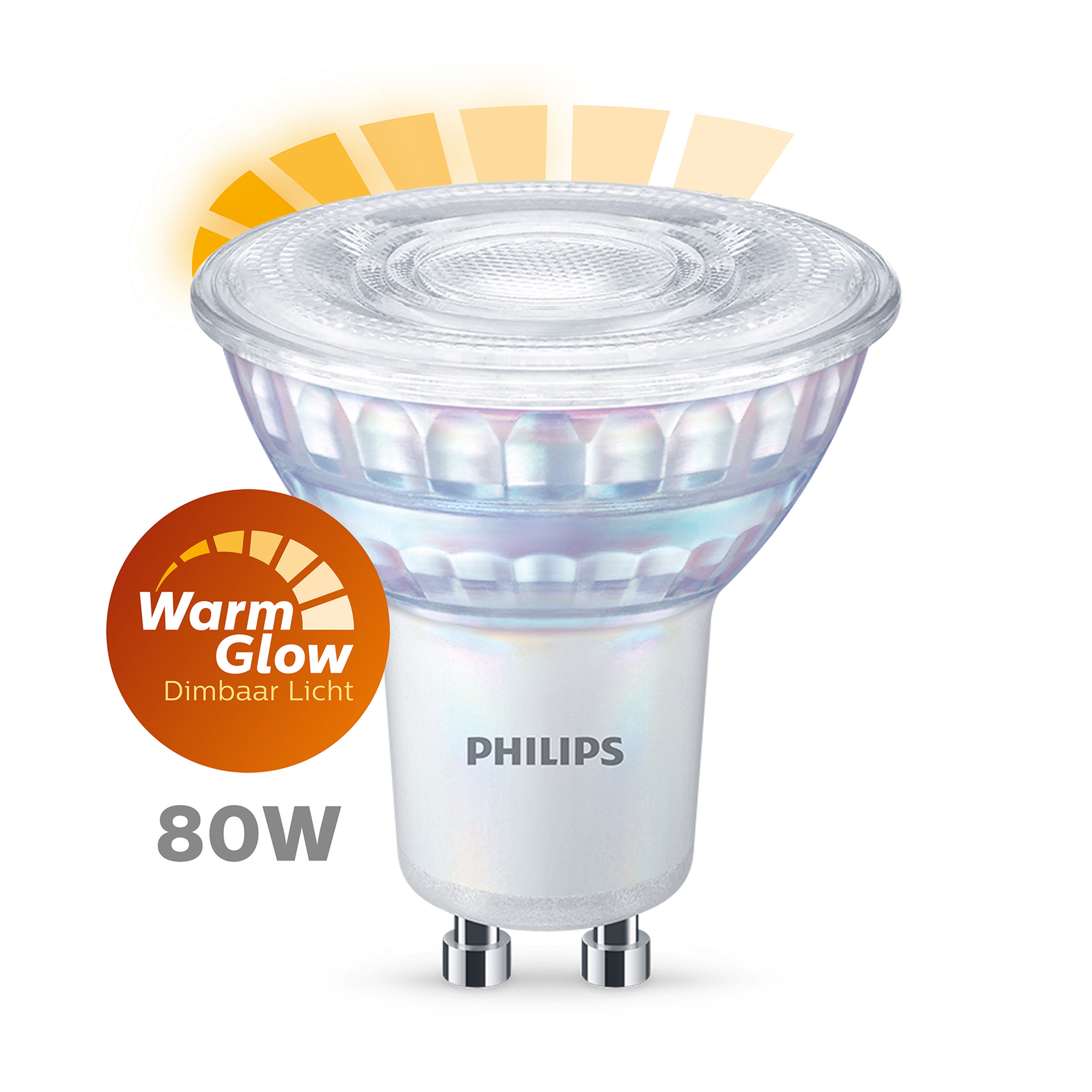 Una lampadina Philips bianca con una parte superiore trasparente e due pin in basso. C'è un'etichetta 'Warm Glow'.