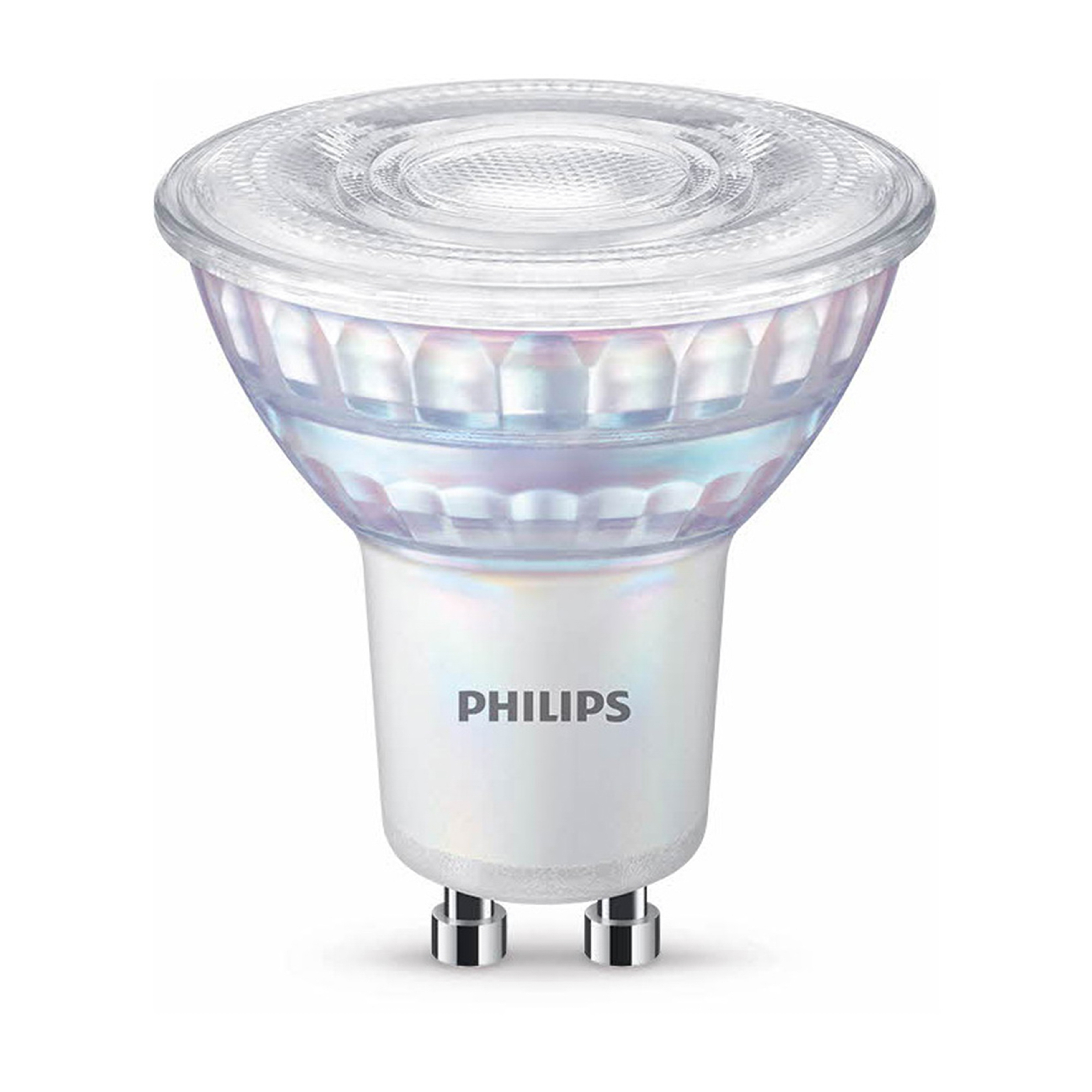Lampadina spot Philips, trasparente e bianca, perni argentati.