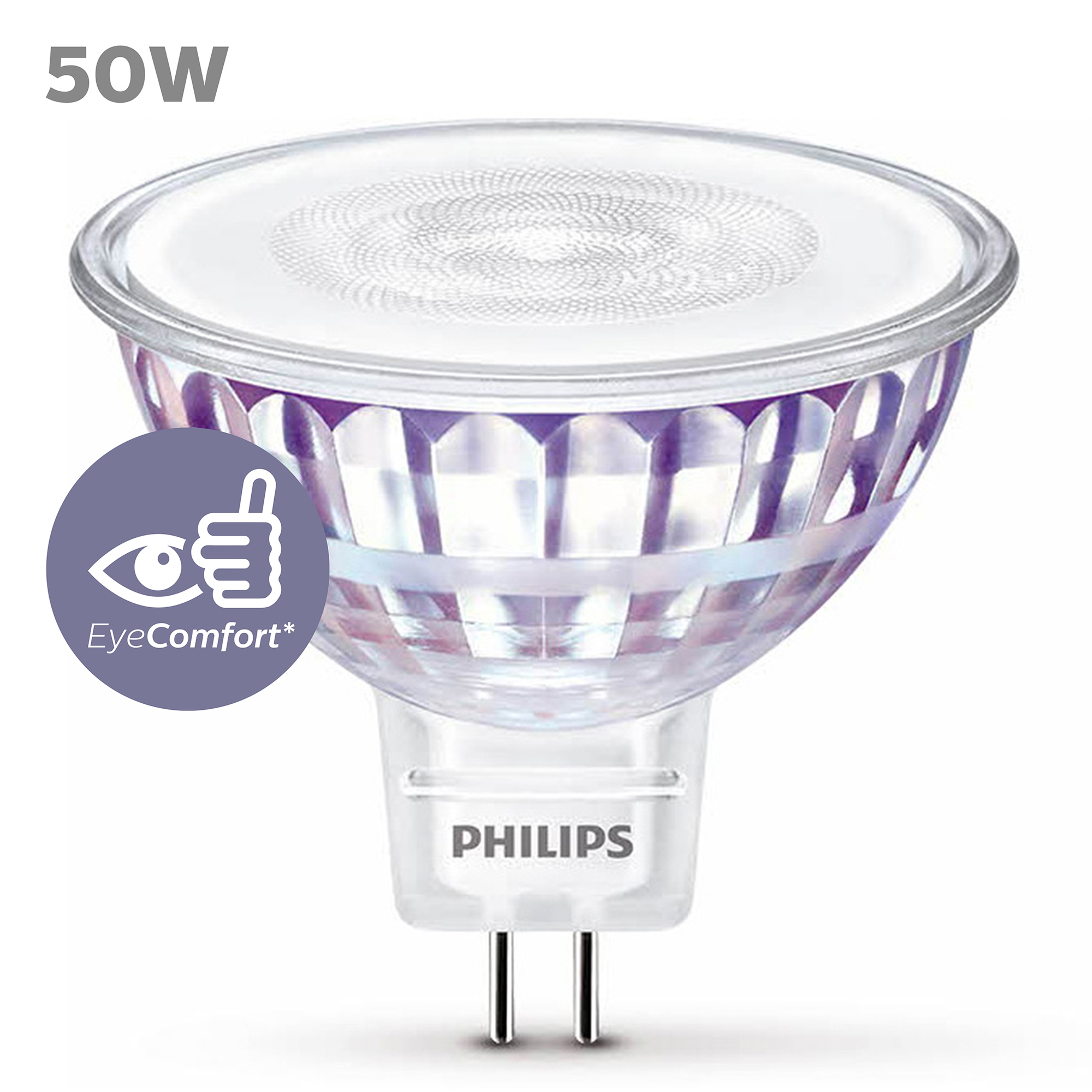 Silberne Philips LED-Lampe mit EyeComfort-Logo. Die Glühbirne hat eine klare Front.