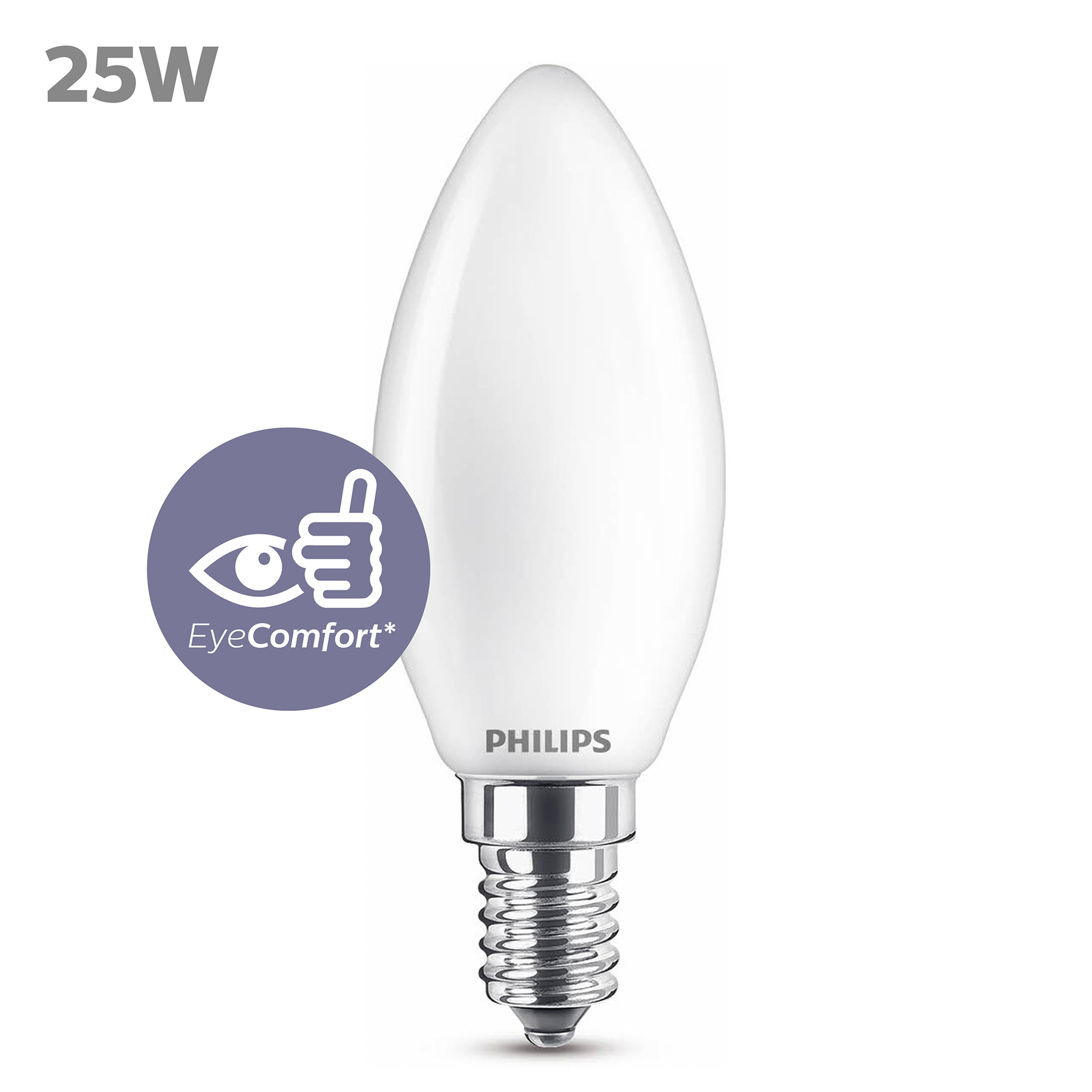 Philips Kerzenlampe. Weiß, mit silbernem Sockel. 25W Text. EyeComfort Logo.