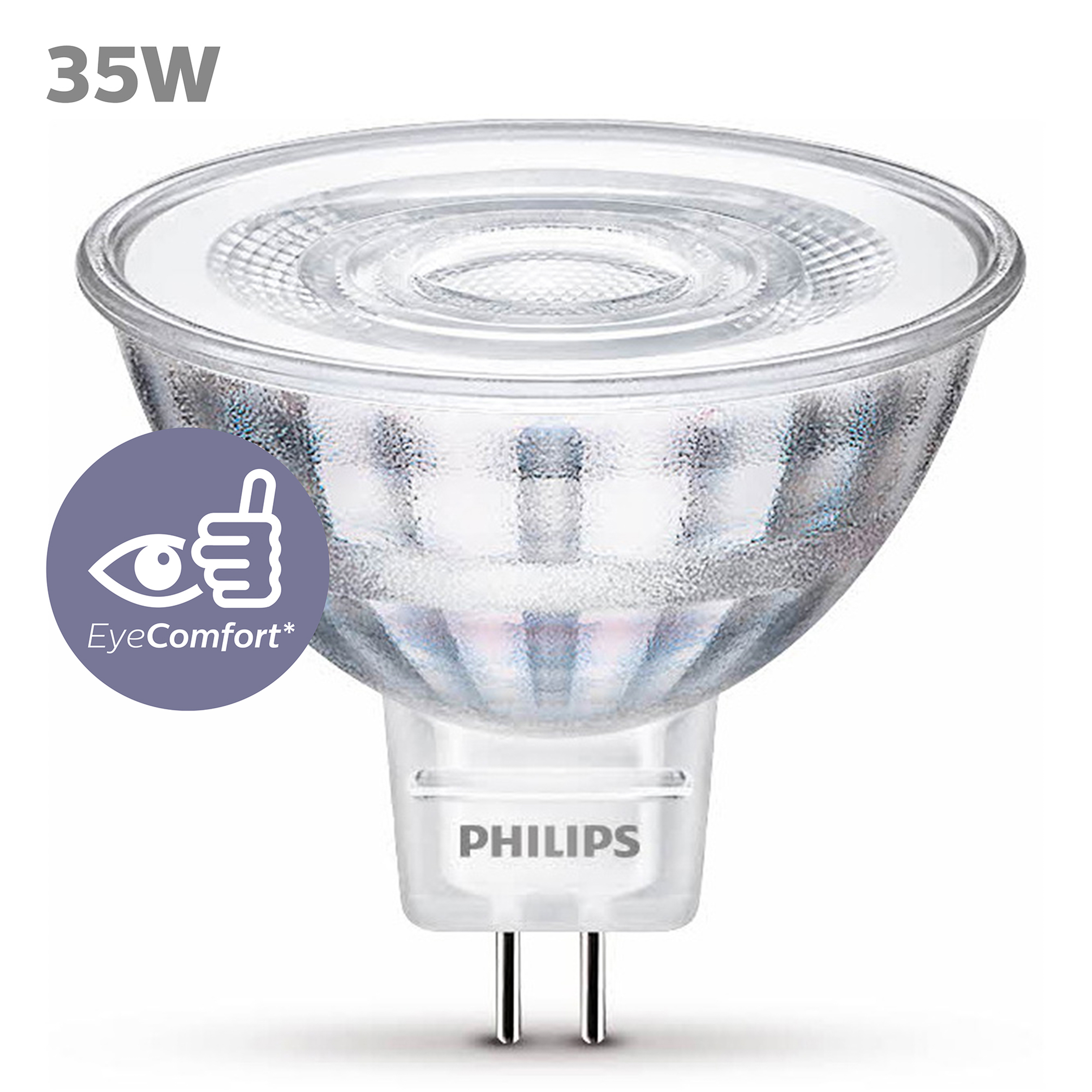 Eine klare Glühbirne mit Philips-Logo, 35W und EyeComfort-Etikett auf weißem Hintergrund.