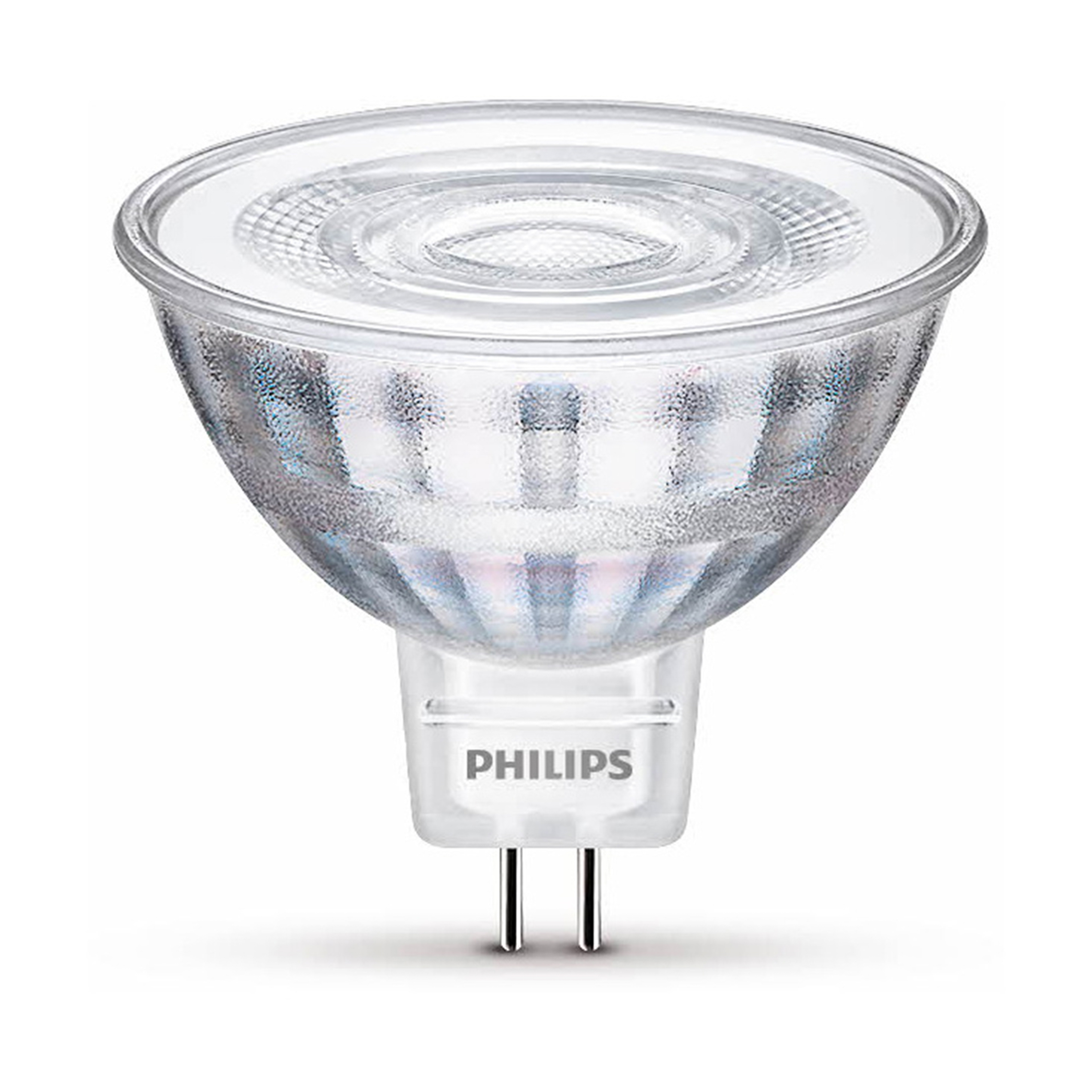 Eine transparente Philips-Glühbirne mit klarer Oberseite und zwei Stiften unten.