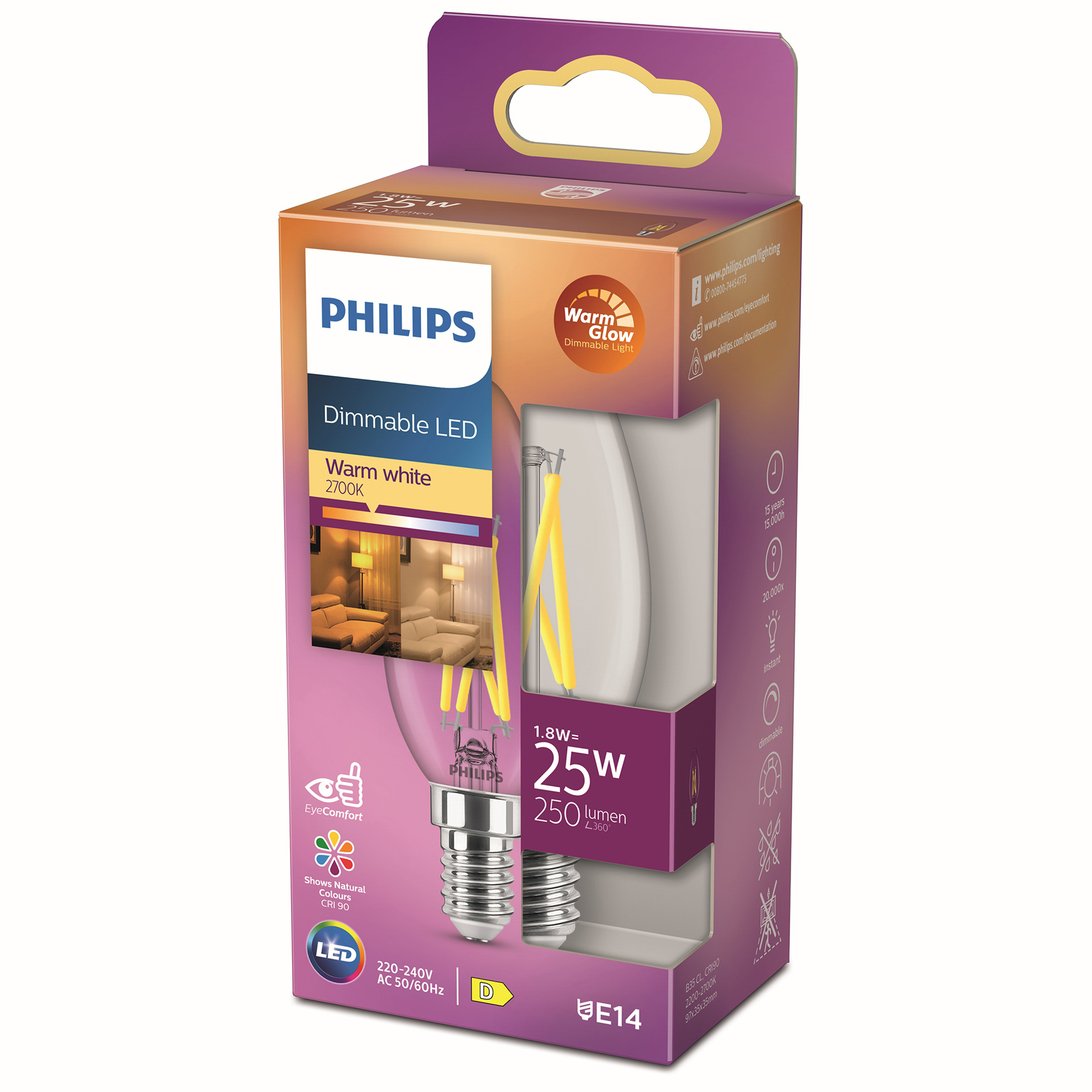 Confezione lampadina LED dimmerabile Philips. Lampadina bianca con filamento giallo, attacco E14.