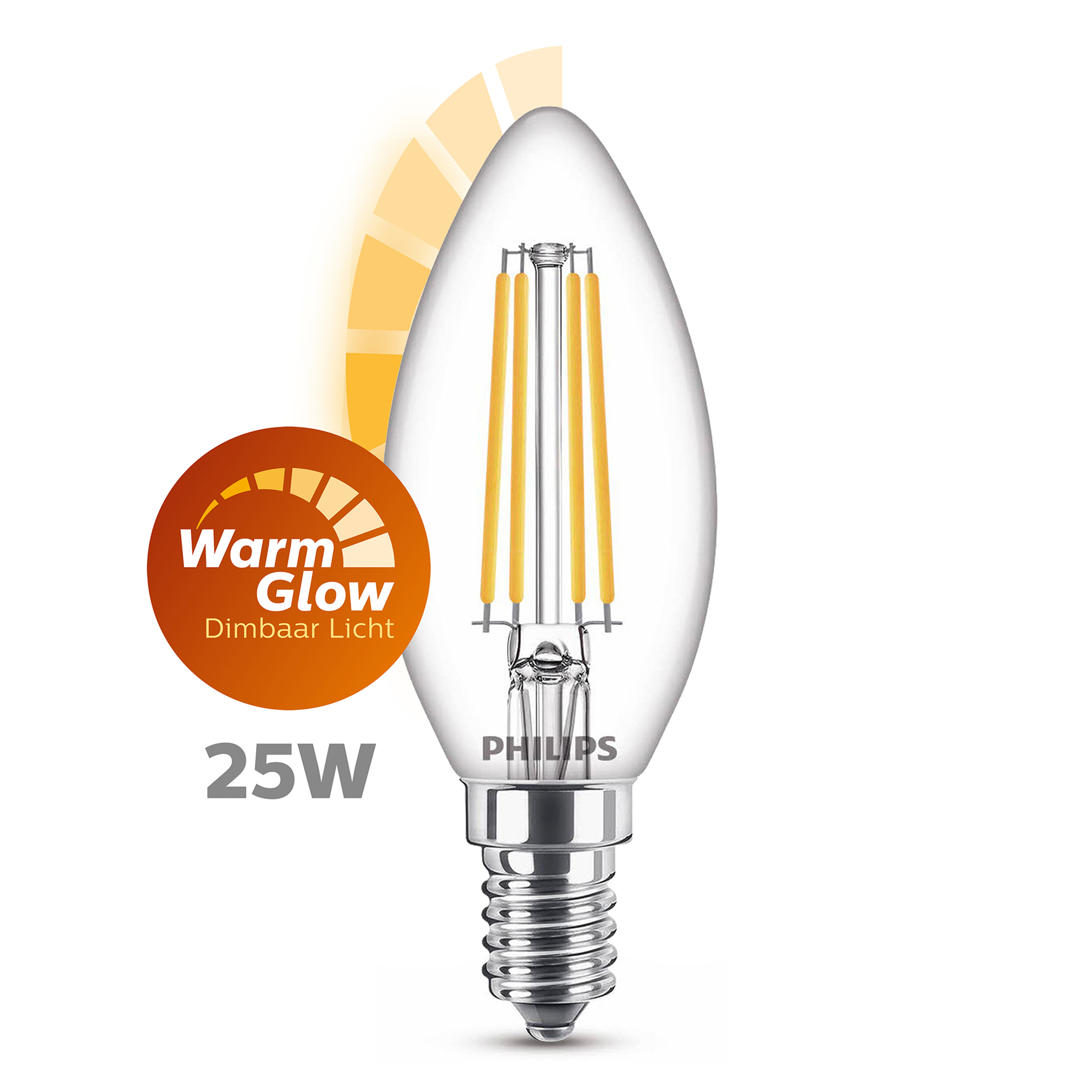 Una lampadina LED Philips a forma di candela, vetro trasparente, base argentata, con indicatore.
