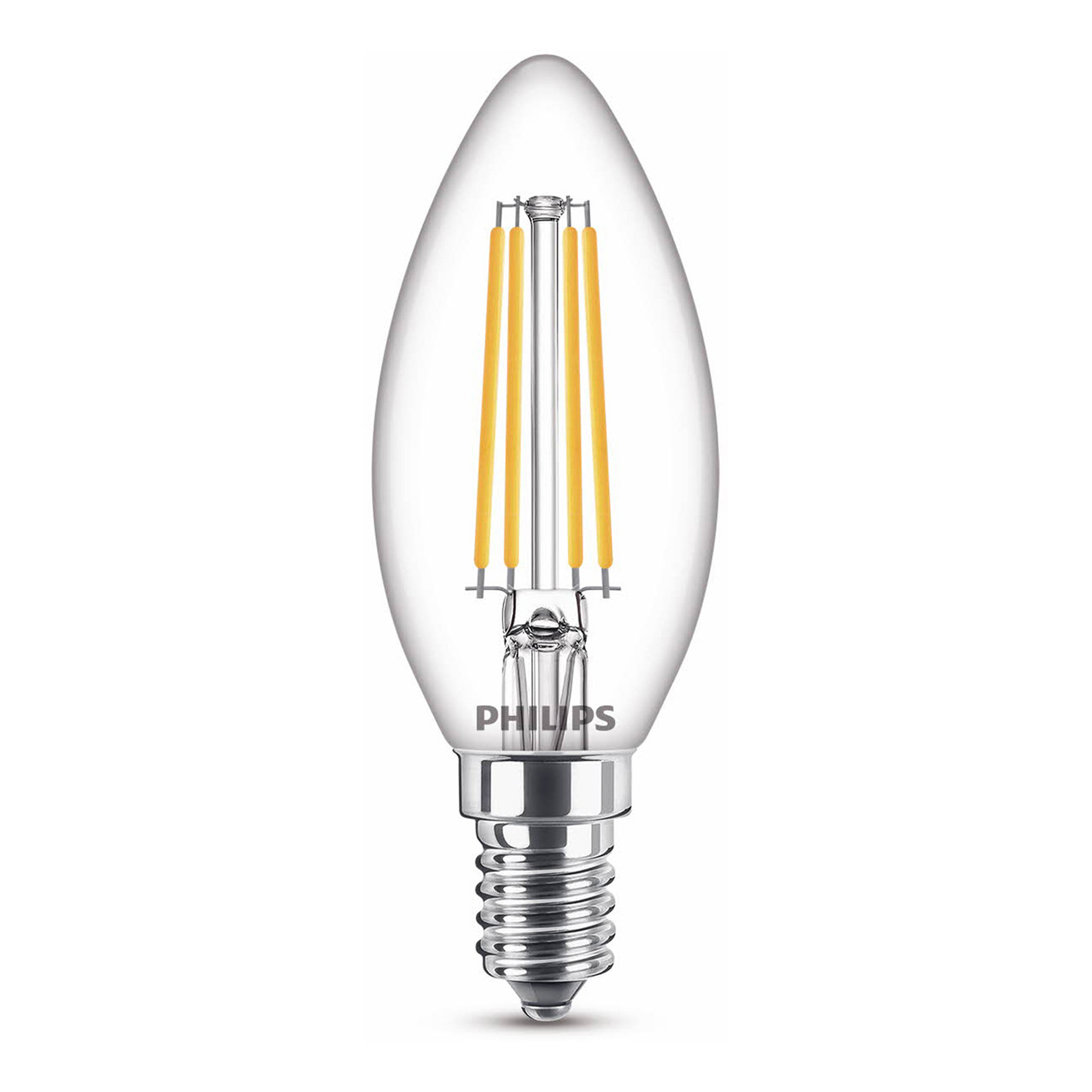 Una lampadina Philips trasparente. Ha la forma di una candela con filamenti gialli. Ha una base argentata.