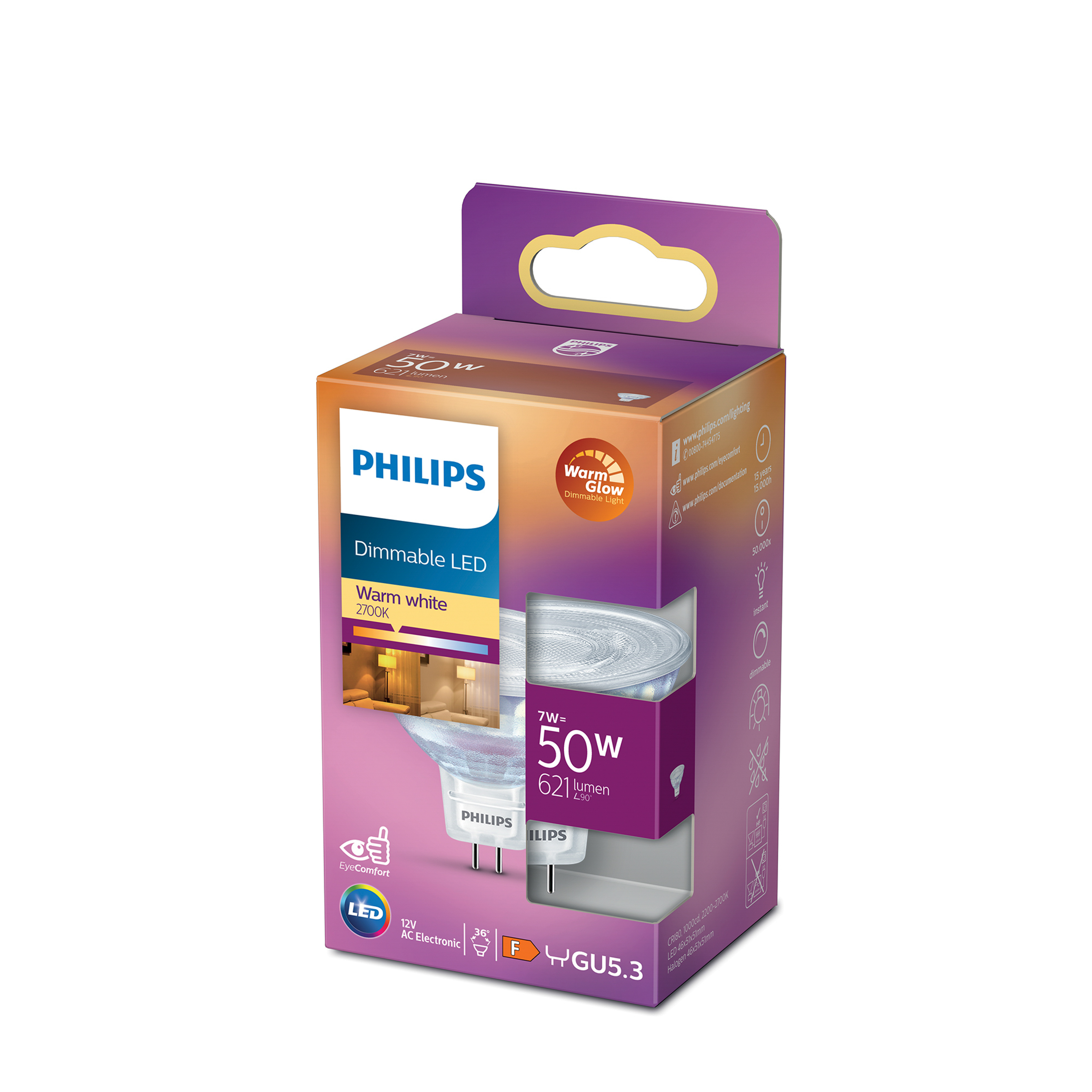 Philips LED lampbox. Oranje en paarse kleuren. Toont dimbaar LED warm wit licht.