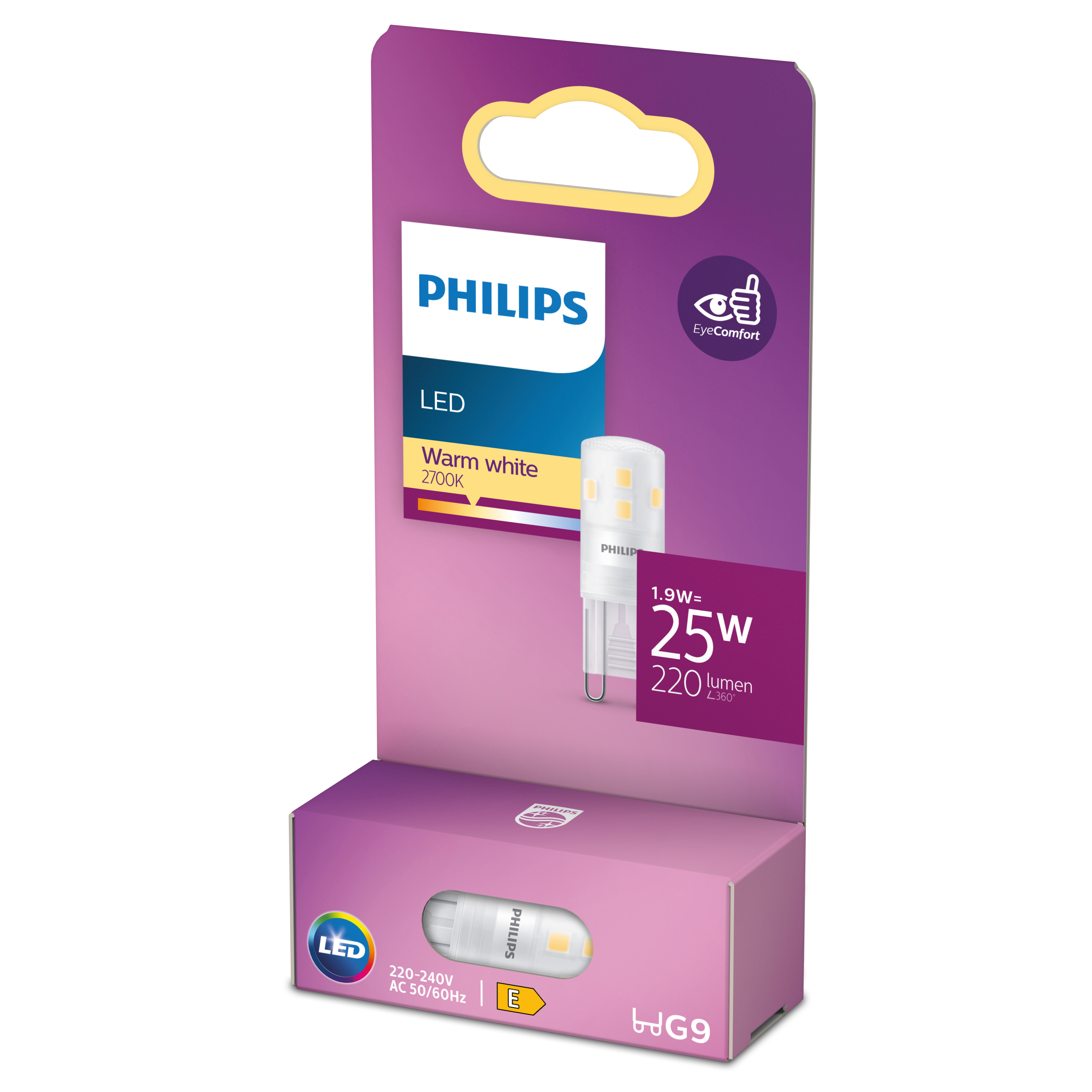 Emballage d'ampoule LED Philips. Ampoule et boîte affichées. Couleurs blanches et pourpres.