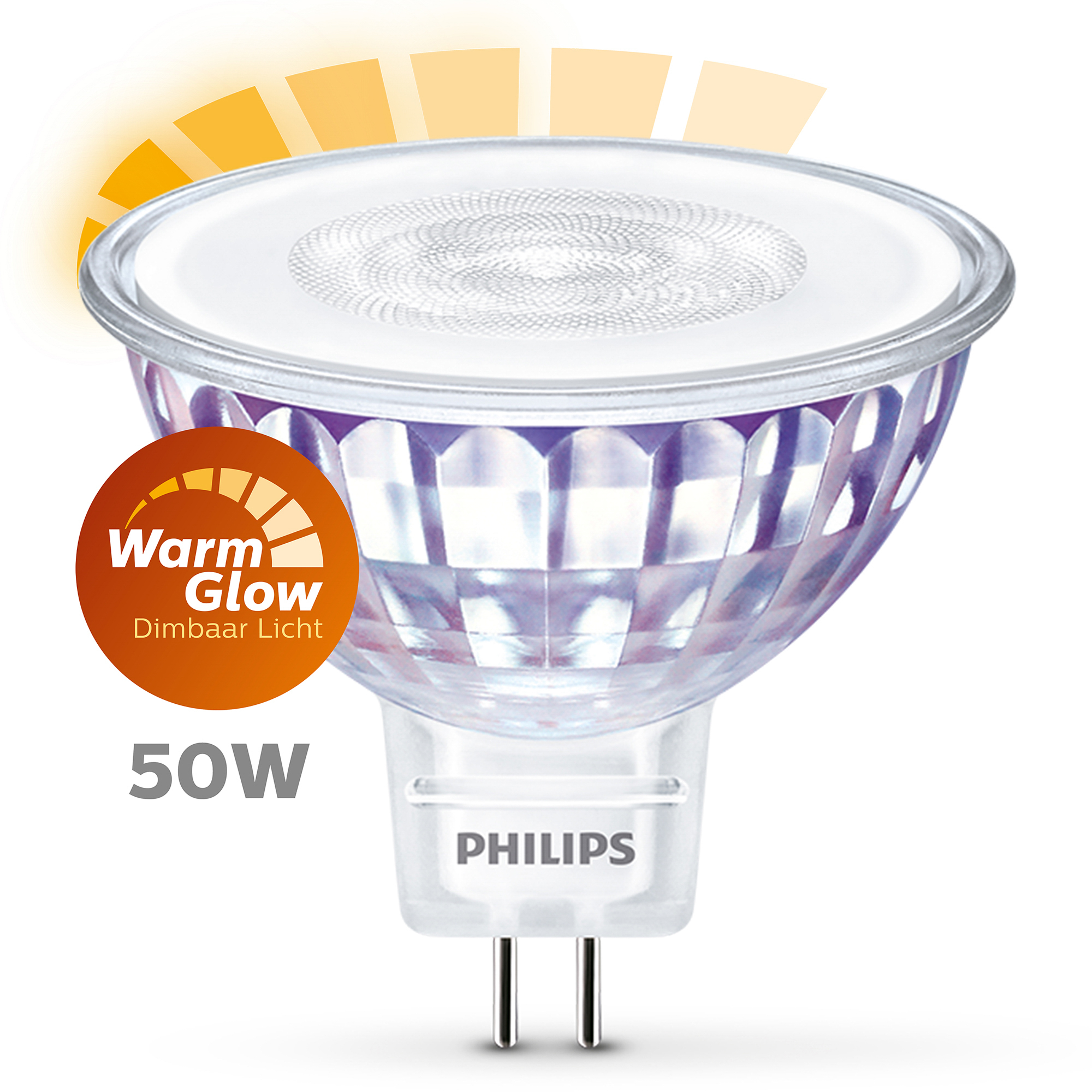 Philips LED-lamp met een warm gloei-effect. Het is een spotvorm met een heldere lens.