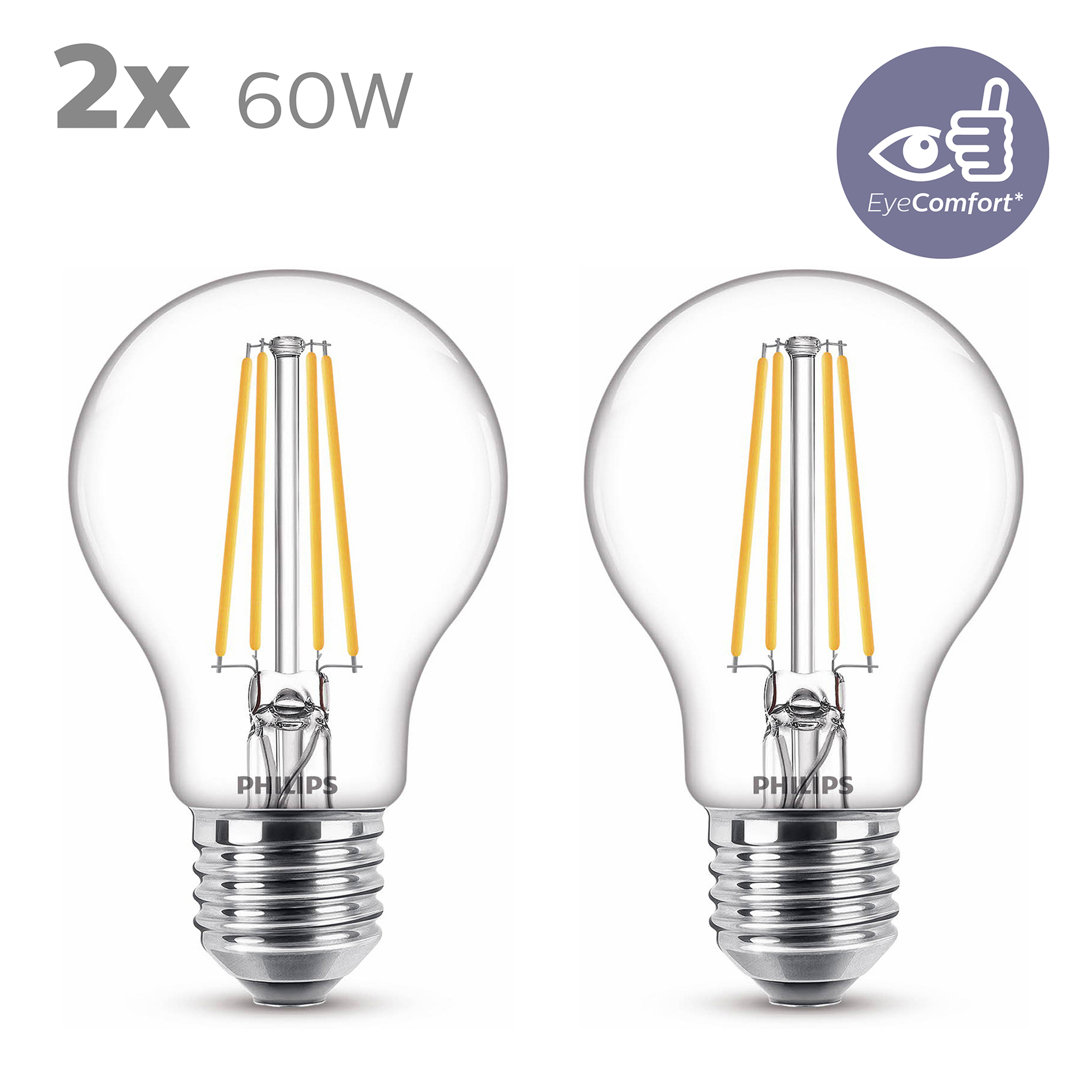 Deux ampoules transparentes, avec filaments visibles, sur fond blanc. Philips.