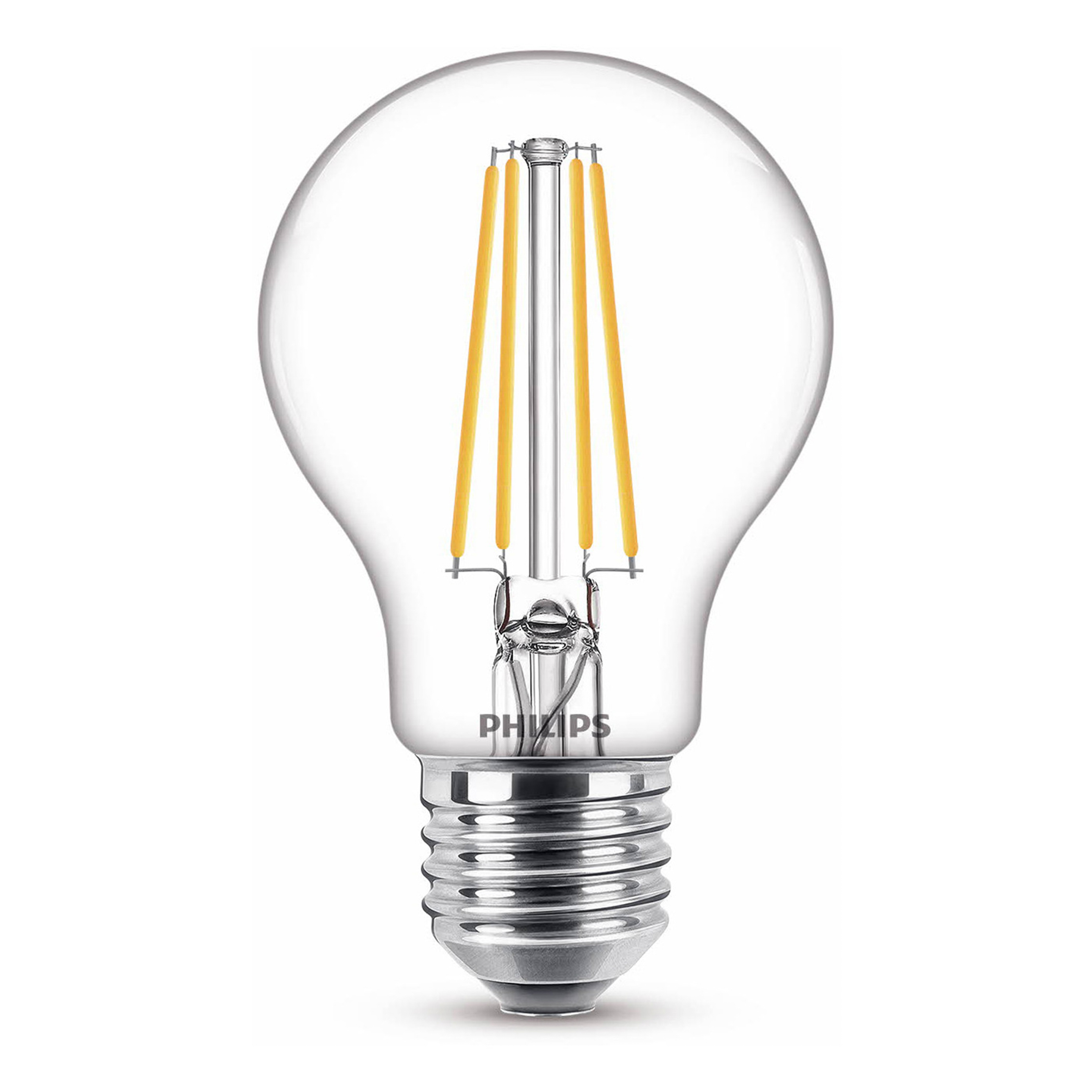 Ampoule Philips. Verre transparent, quatre filaments jaunes, culot argenté.
