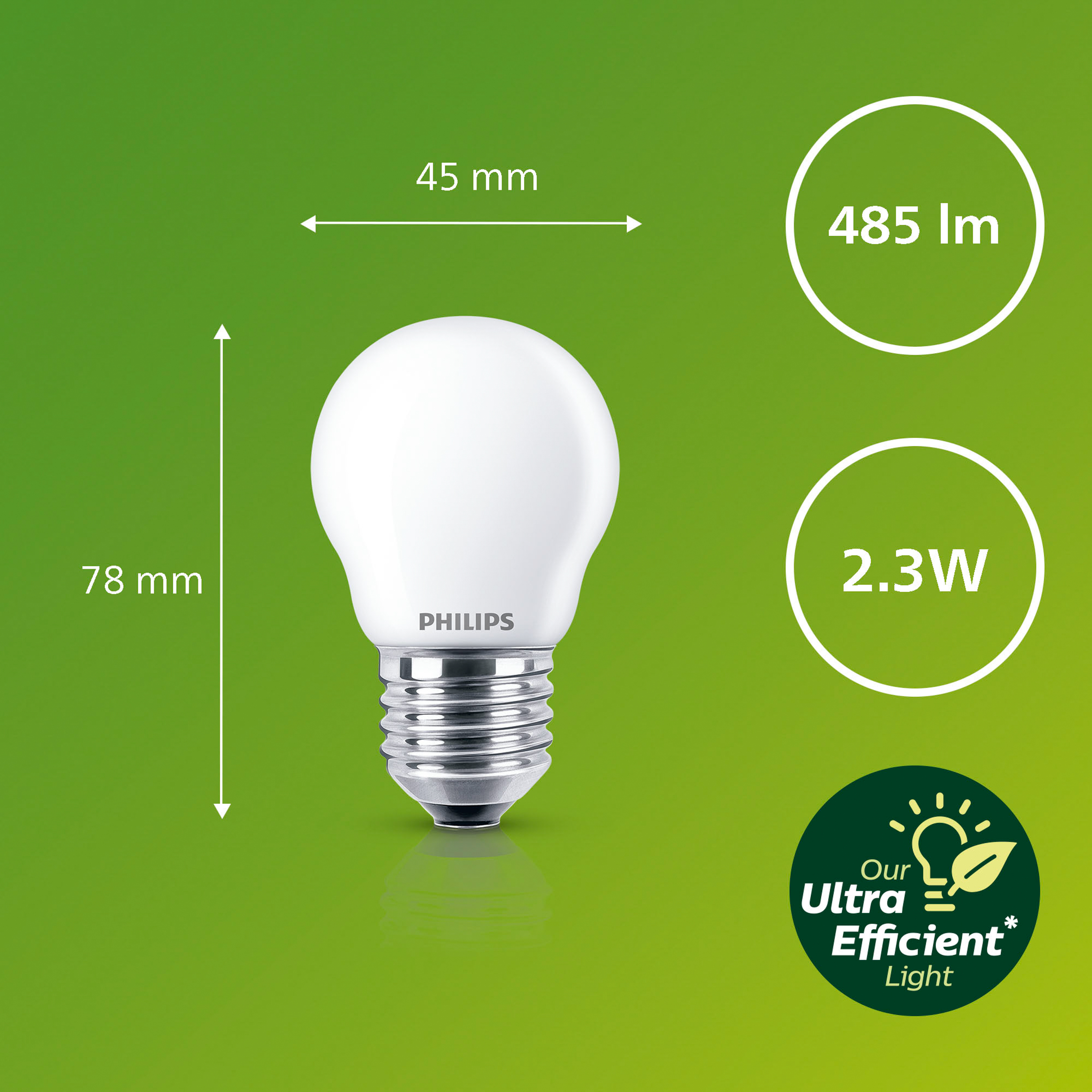 Una lampadina a LED Philips. È bianca, con dimensioni e specifiche visualizzate lateralmente.
