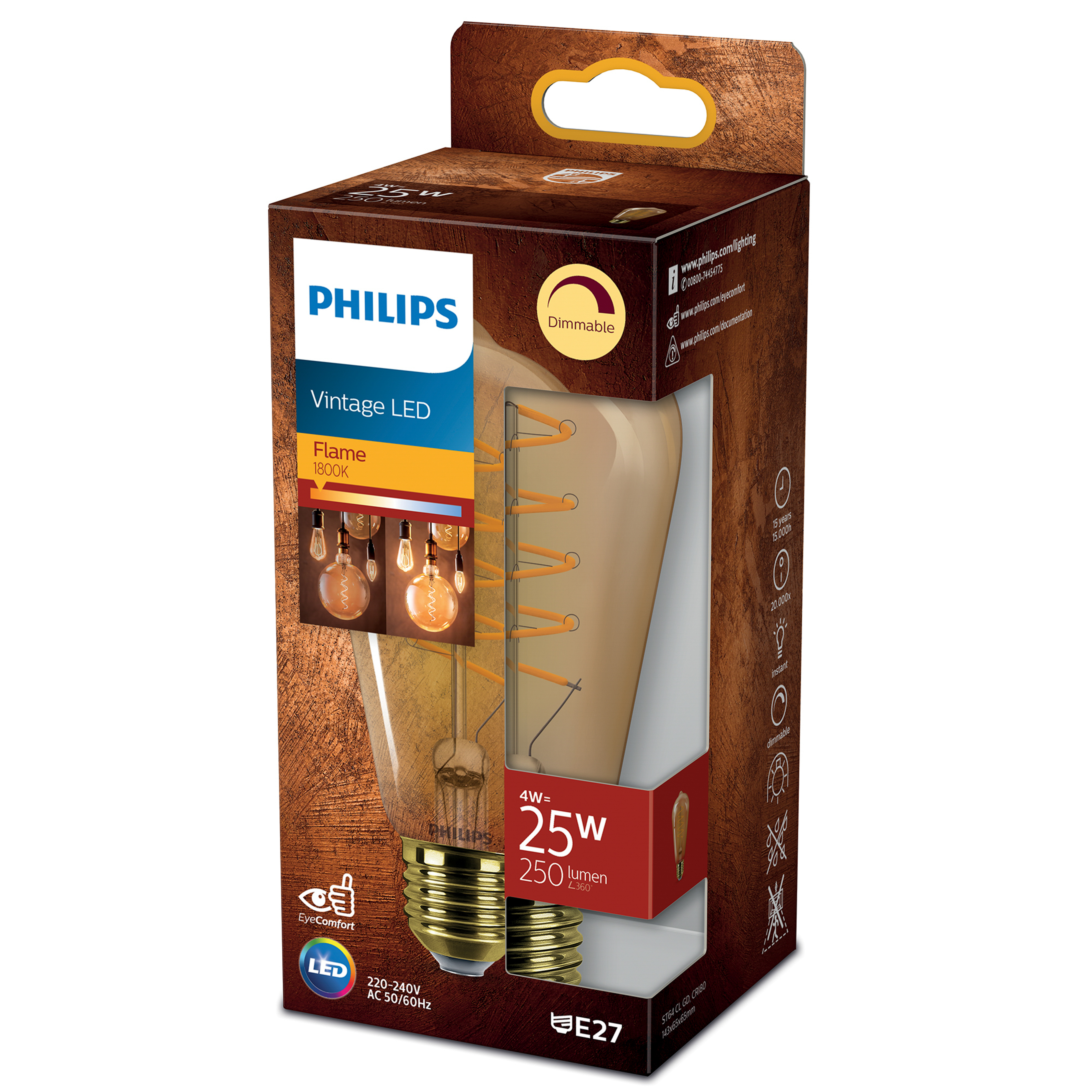 Un pacco di lampadine Philips marrone. Mostra una lampadina con filamenti arancioni. La lampadina ha una base dorata.