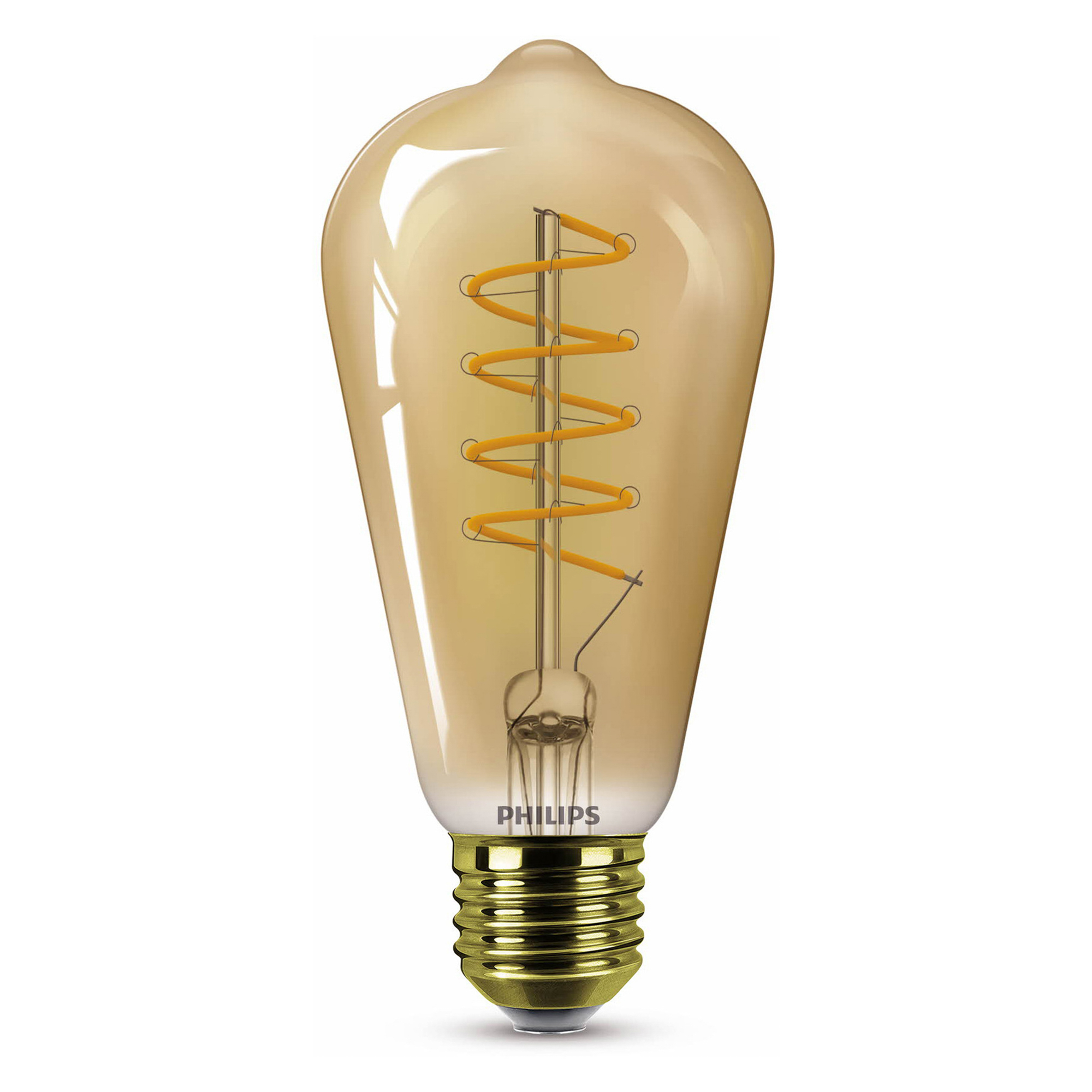 Una lampadina Edison LED Philips. Ha una base dorata e una lampadina in vetro con un filamento a spirale. Lo sfondo è bianco.