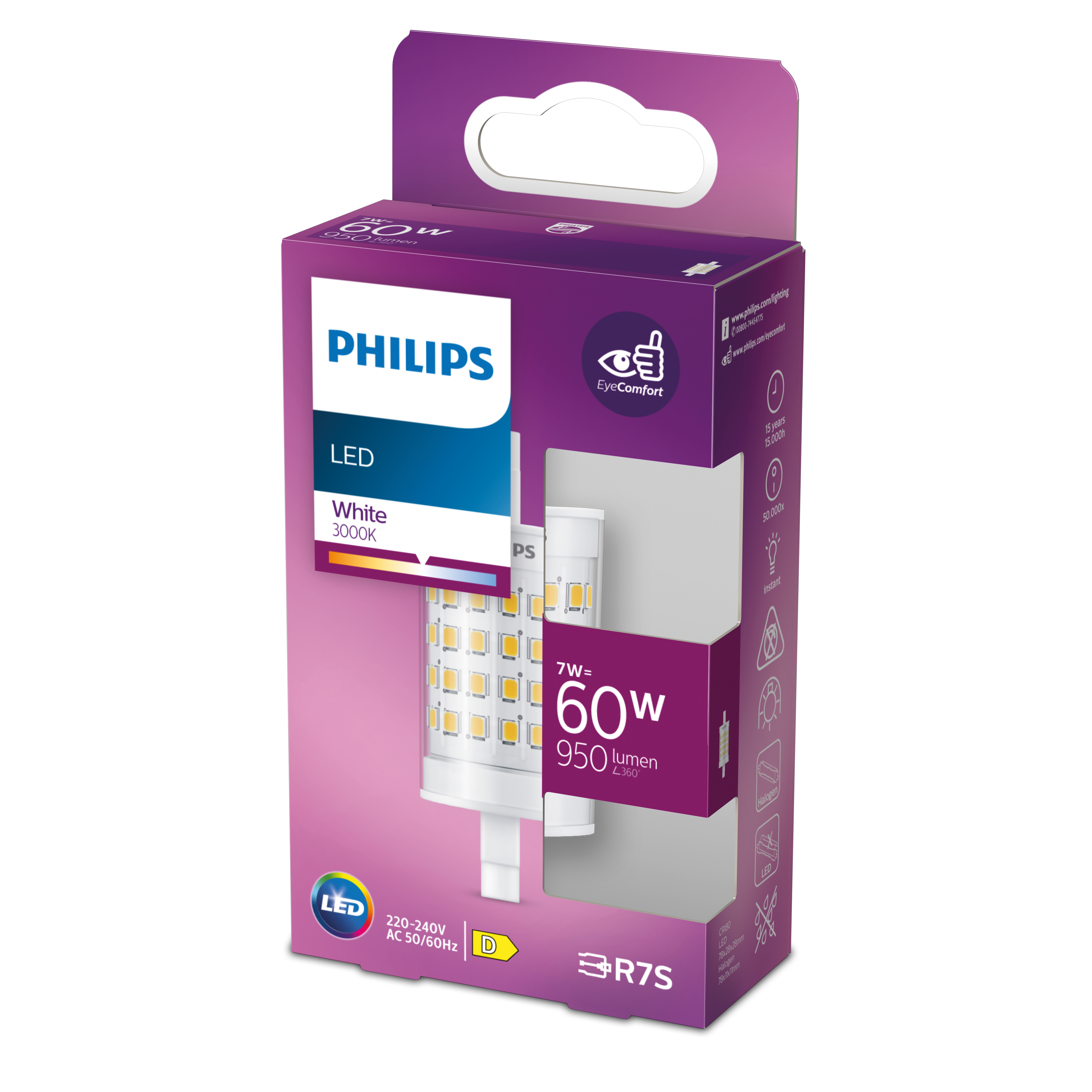 Een Philips LED gloeilampdoos. De doos is paars en bevat een witte LED-lamp met een D-classificatie.