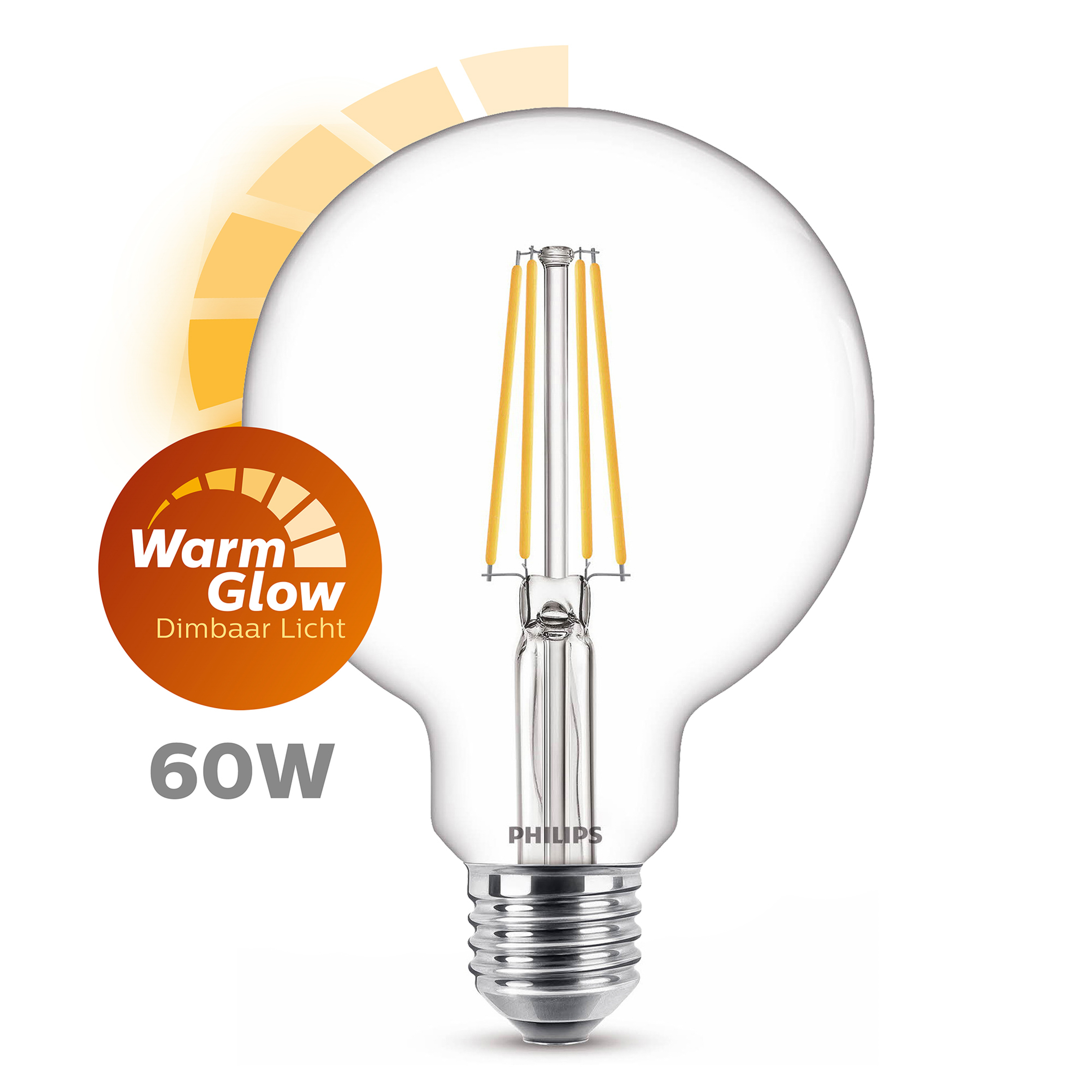 Ampoule globe en verre transparent avec effet de lumière chaude orange et jaune. Étiquette 60W.