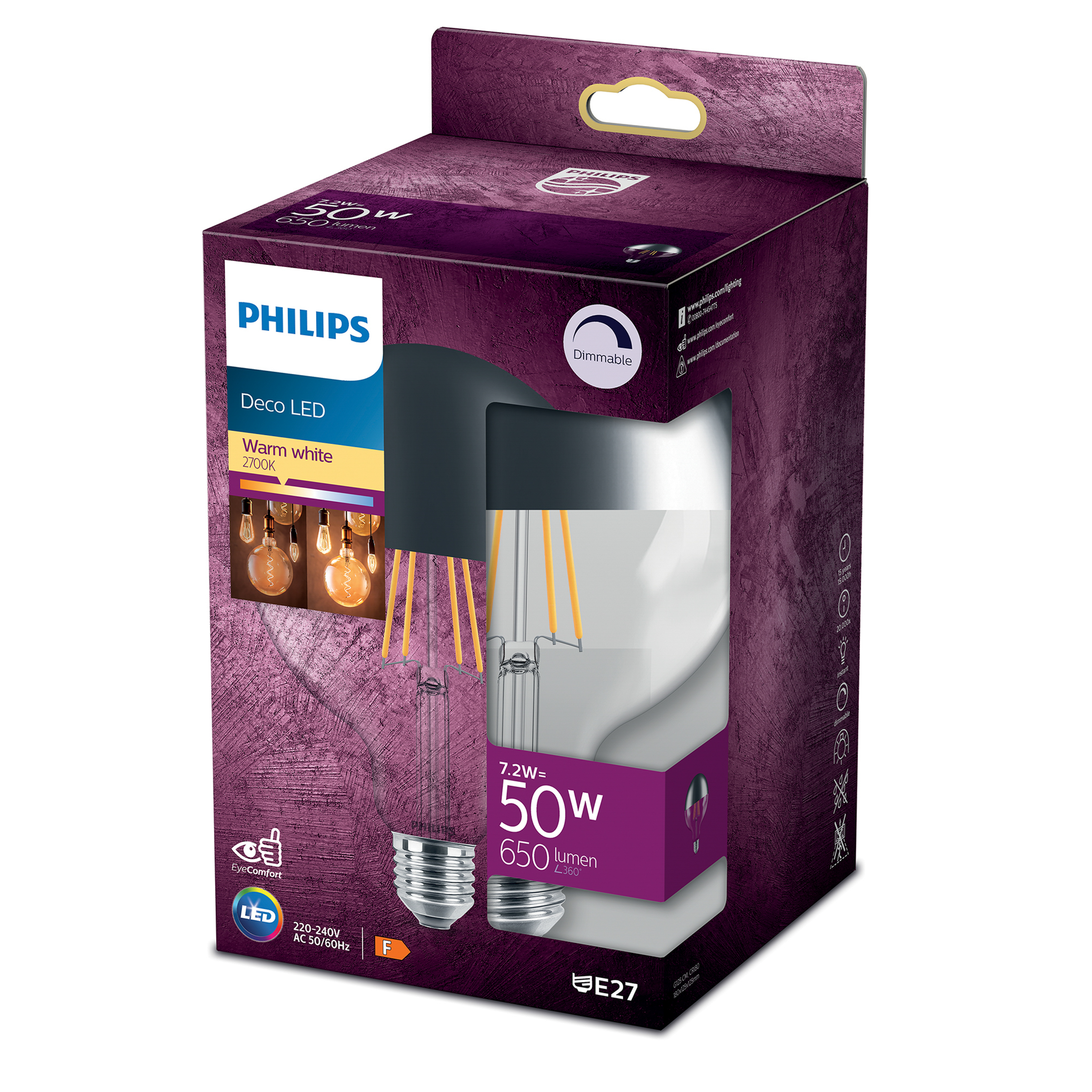 Philips Deco LED-Glühbirne in einer lila Box. Die Glühbirne hat ein einzigartiges Design und ist warmweiß.