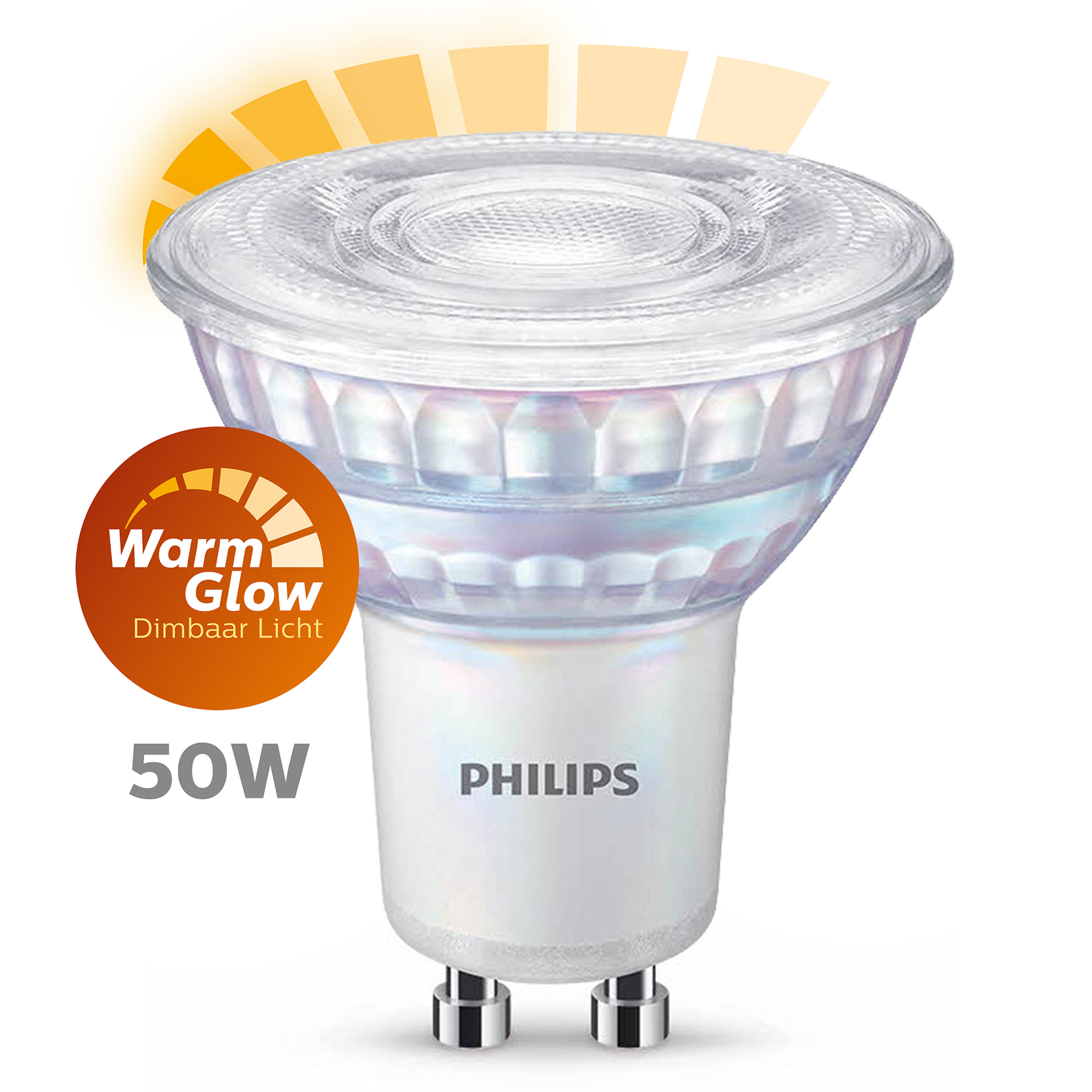 White and silver LED spotlight with a clear lens. The Philips logo is visible.