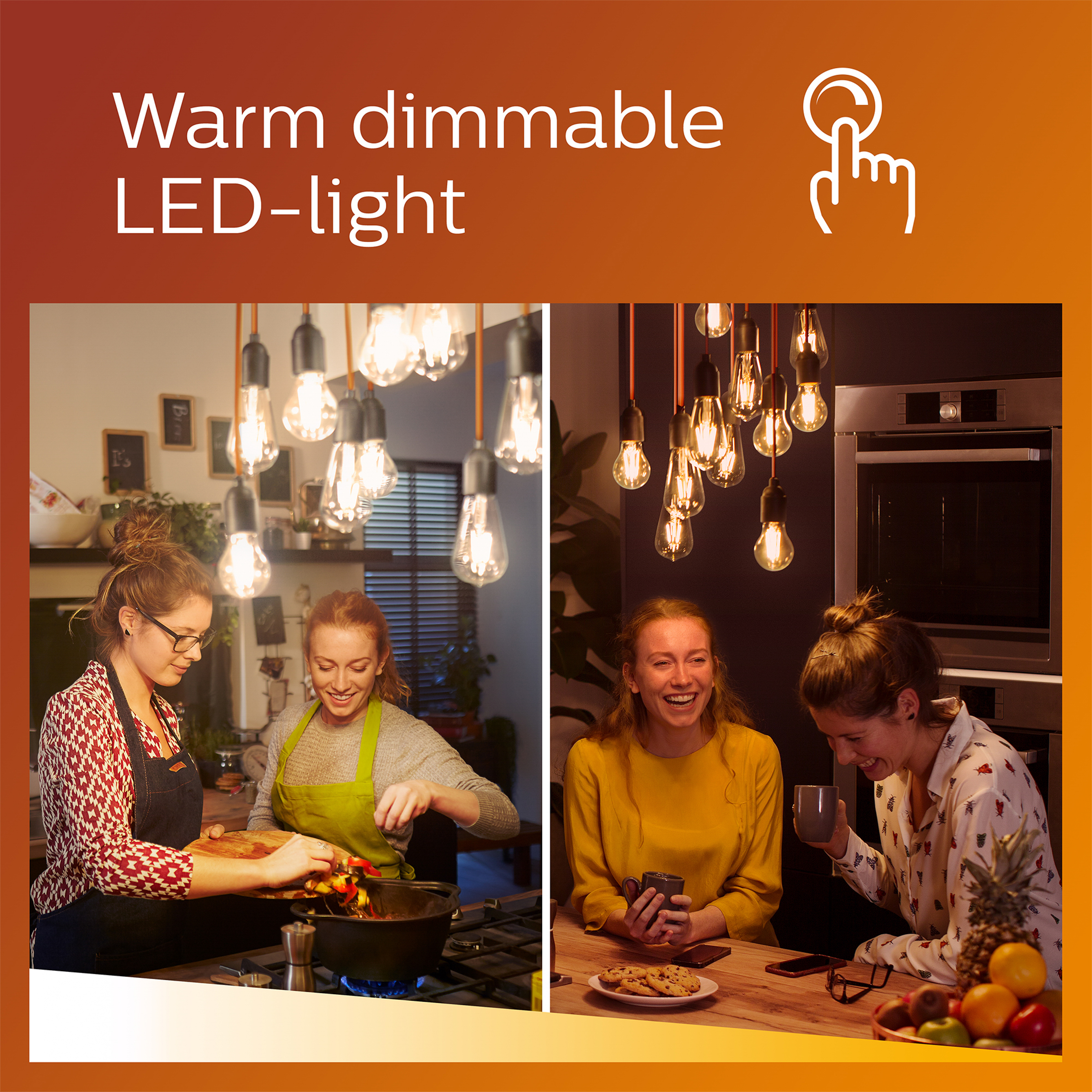 Two scenes: one with a woman cooking and another with people enjoying coffee under lights.