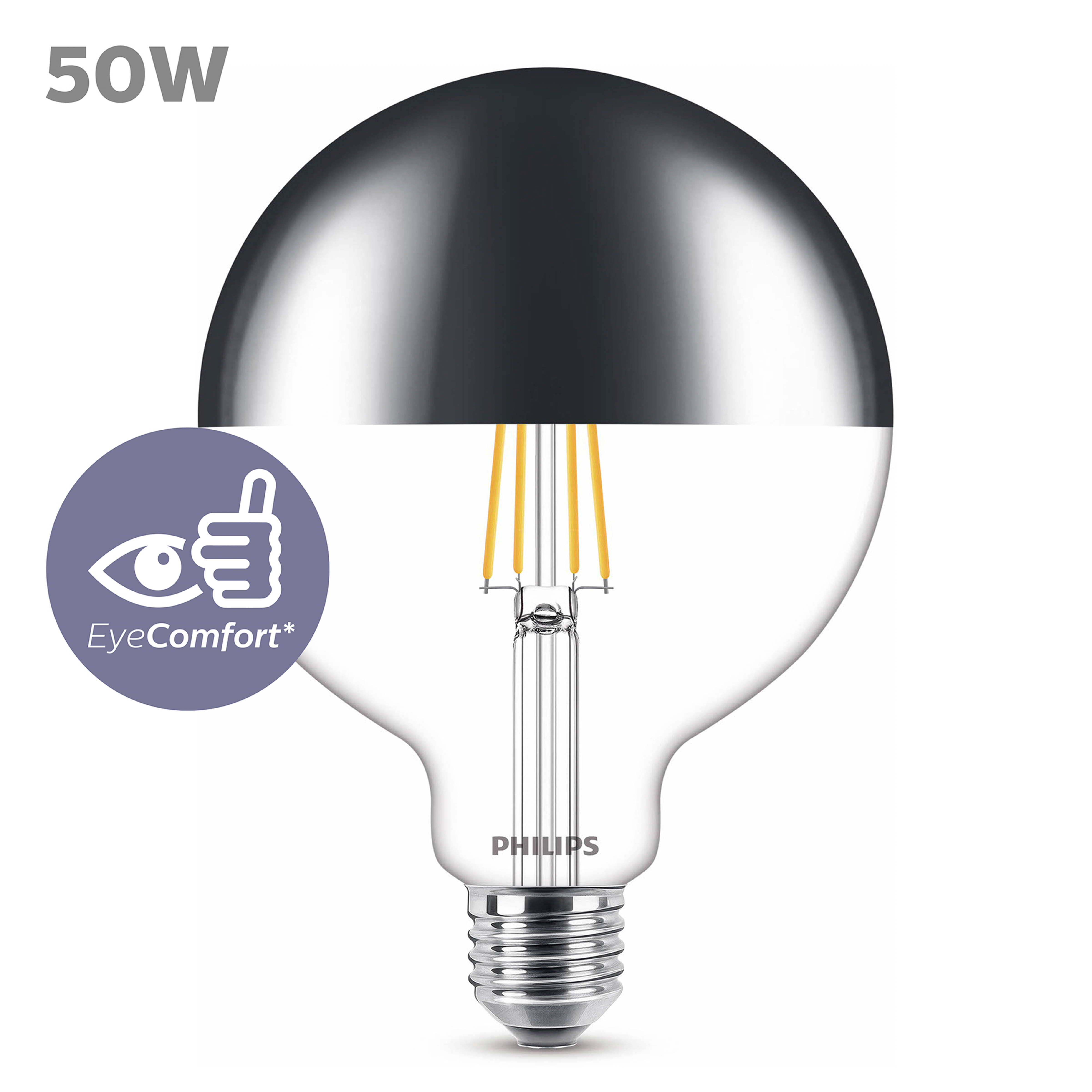 Eine Philips-Glühbirne mit halb bedeckter Oberseite, mit EyeComfort-Logo und 50W-Text.