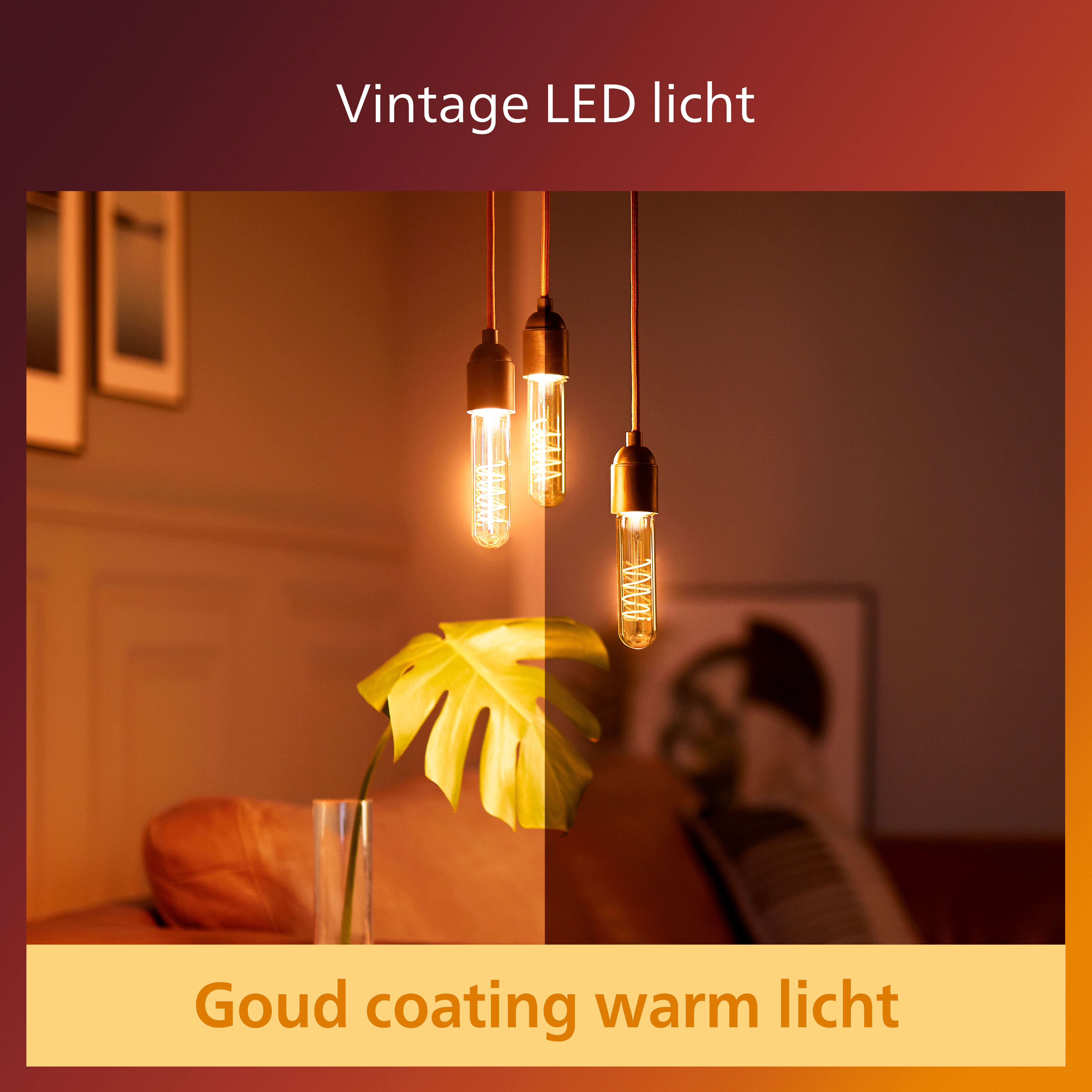 Tre lampadine LED vintage appese, luce calda, in un ambiente domestico.