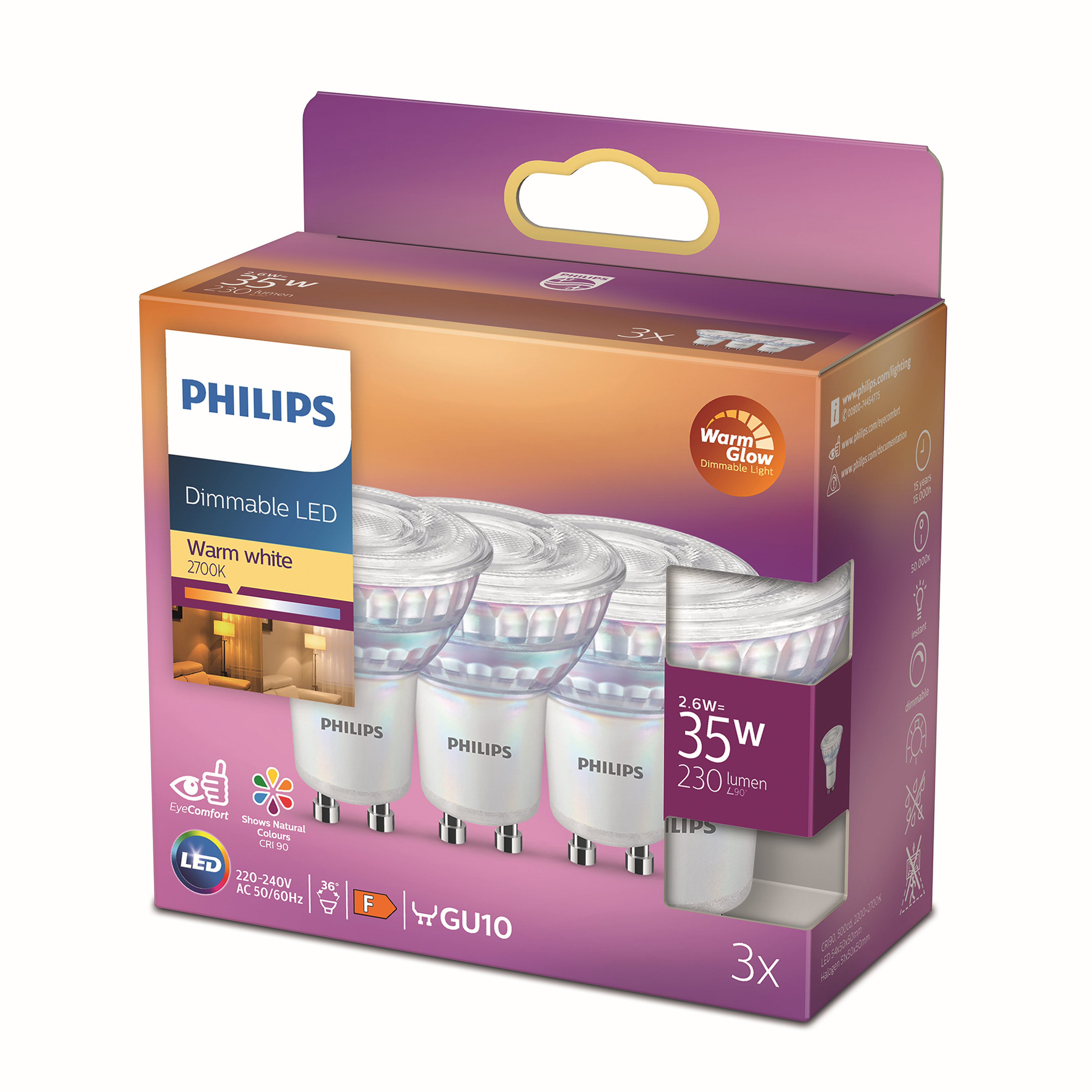 A box of Philips LED light bulbs, three bulbs visible, with a purple background.