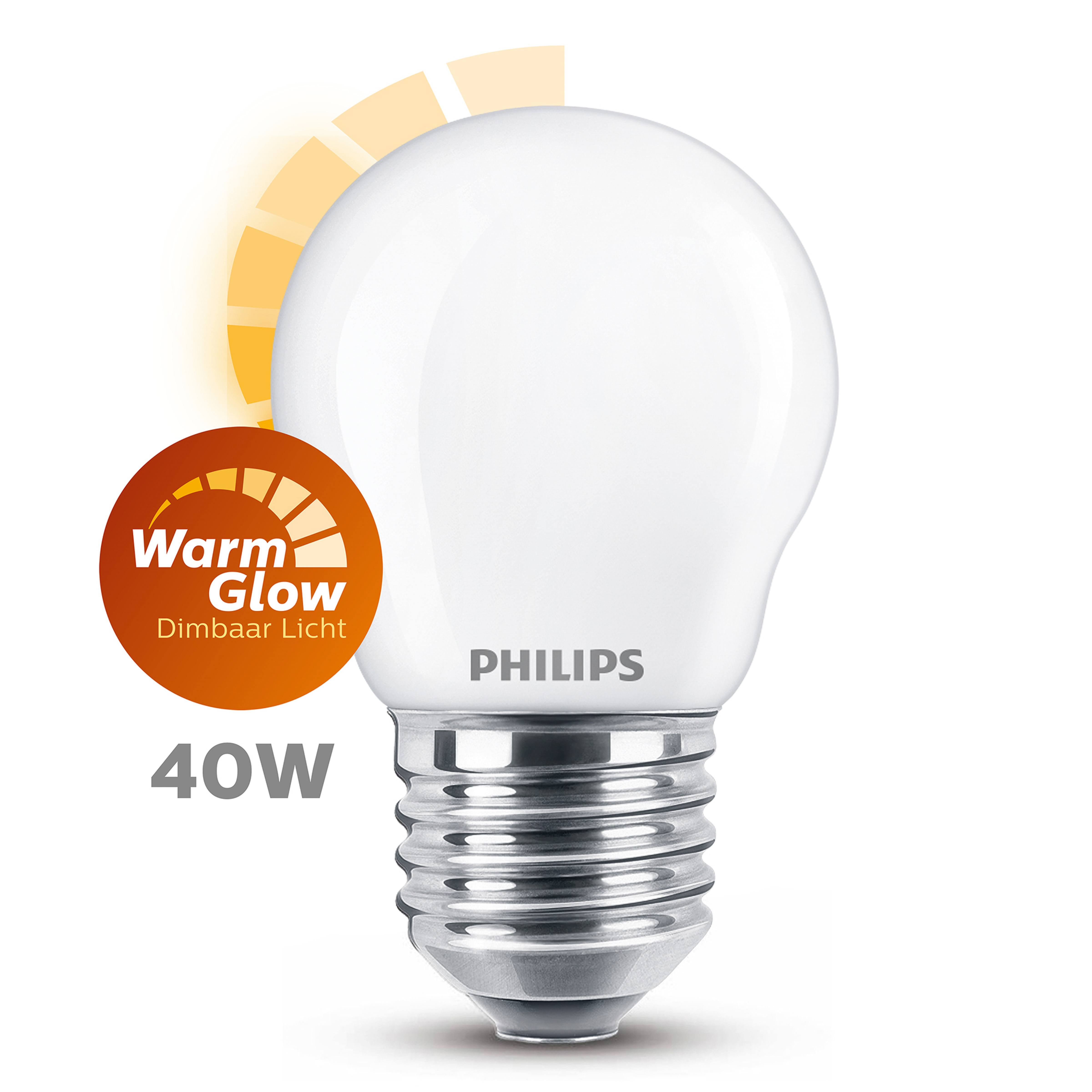 Lampadina LED Philips con luce calda. Lampadina bianca e accento arancione.