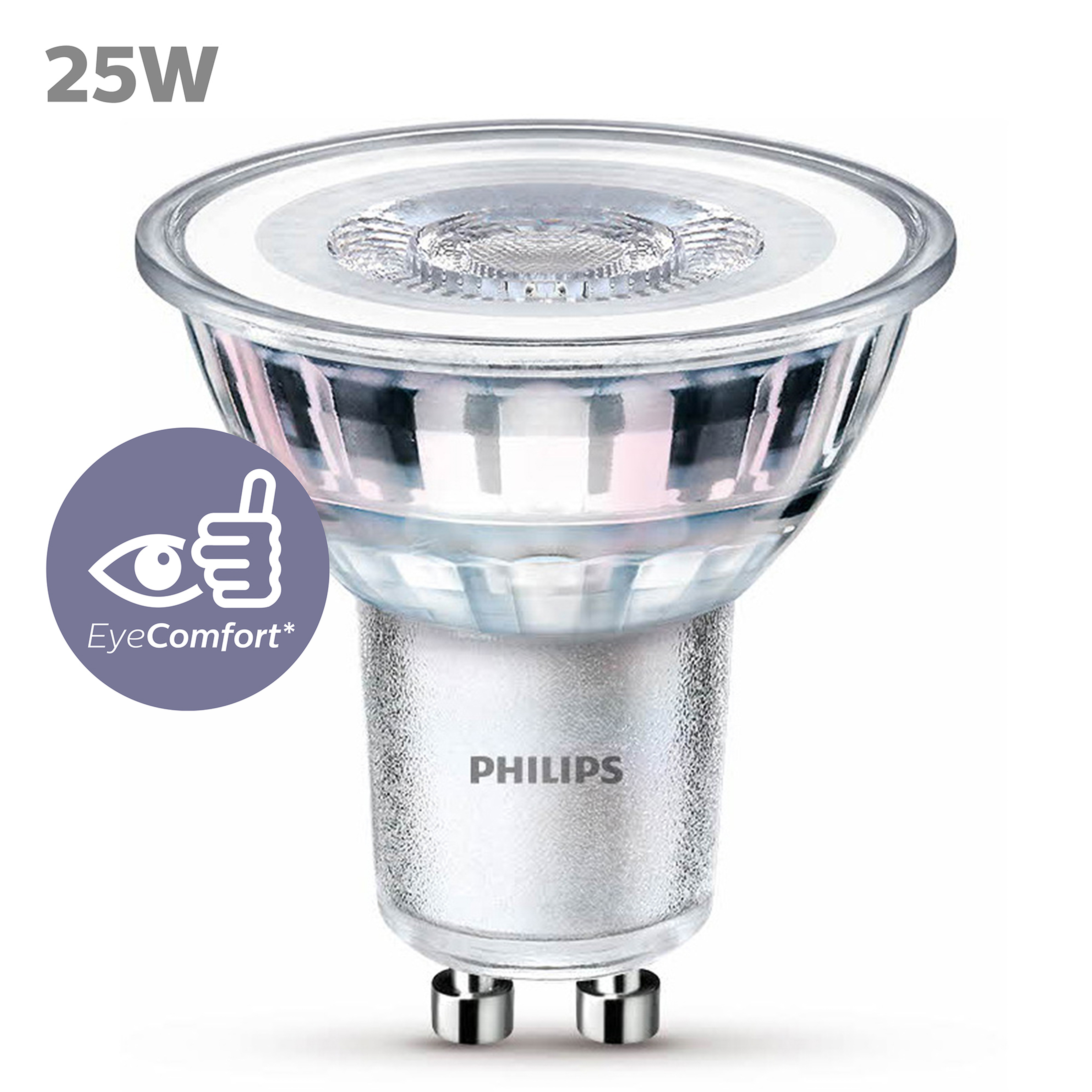 Une seule ampoule LED Philips, 25W, est affichée. Le logo EyeComfort est présent.