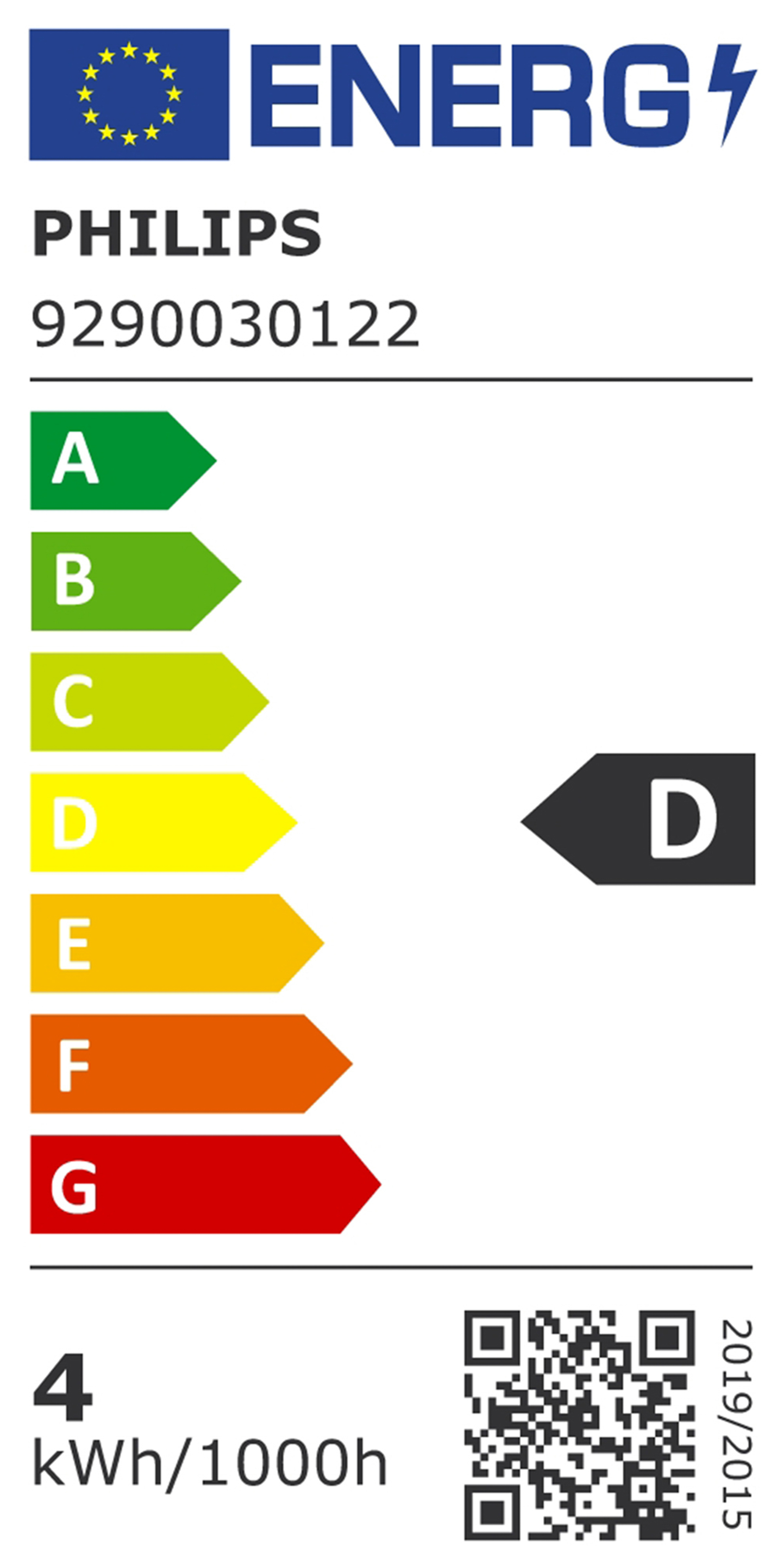 Energy efficiency label showing energy ratings from A to G.