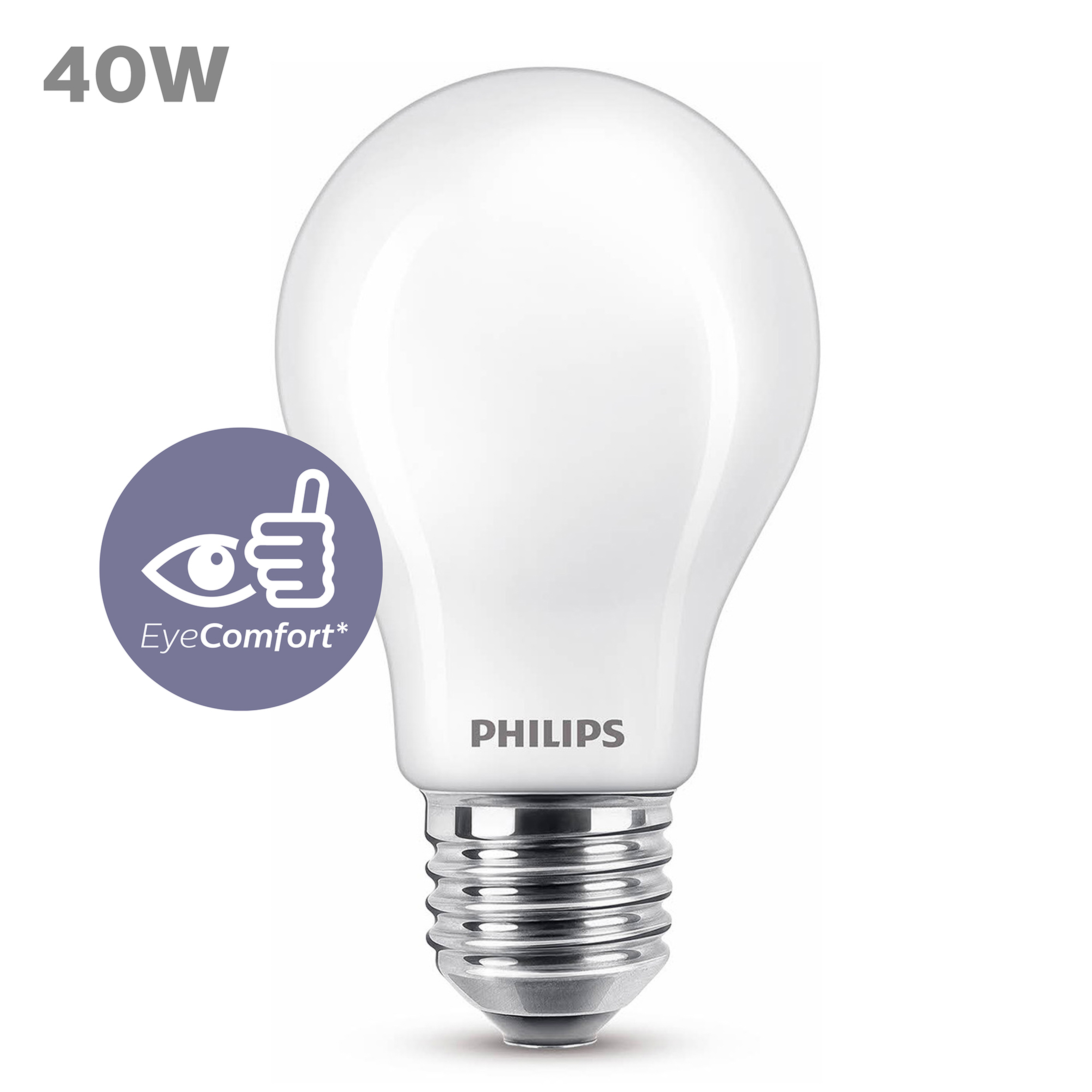 Ampoule LED Philips, blanche, avec le logo EyeComfort. Une ampoule blanche avec un socle argenté.
