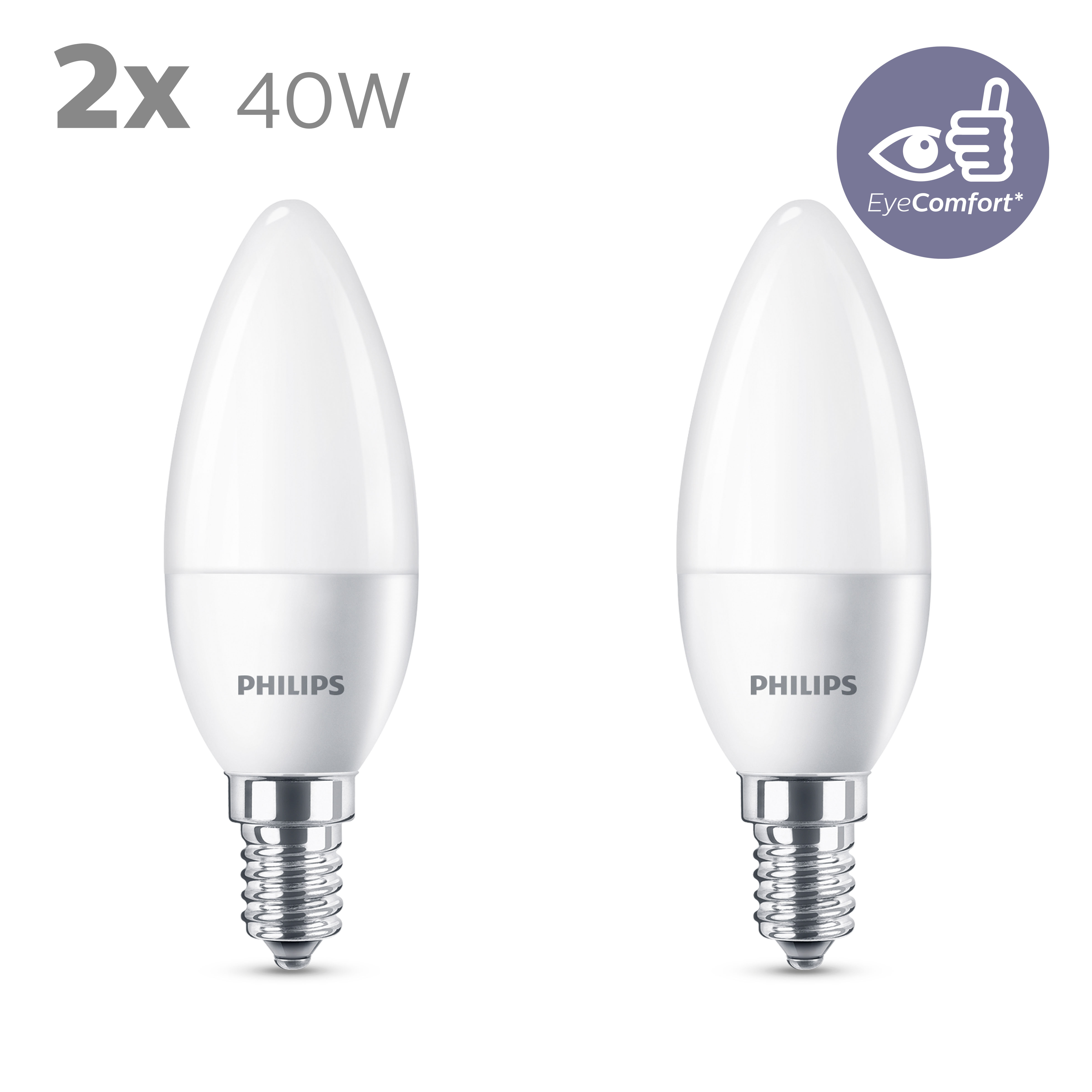 Twee Philips kaarsvormige LED-lampen, wit, zilveren voet, op een witte achtergrond.
