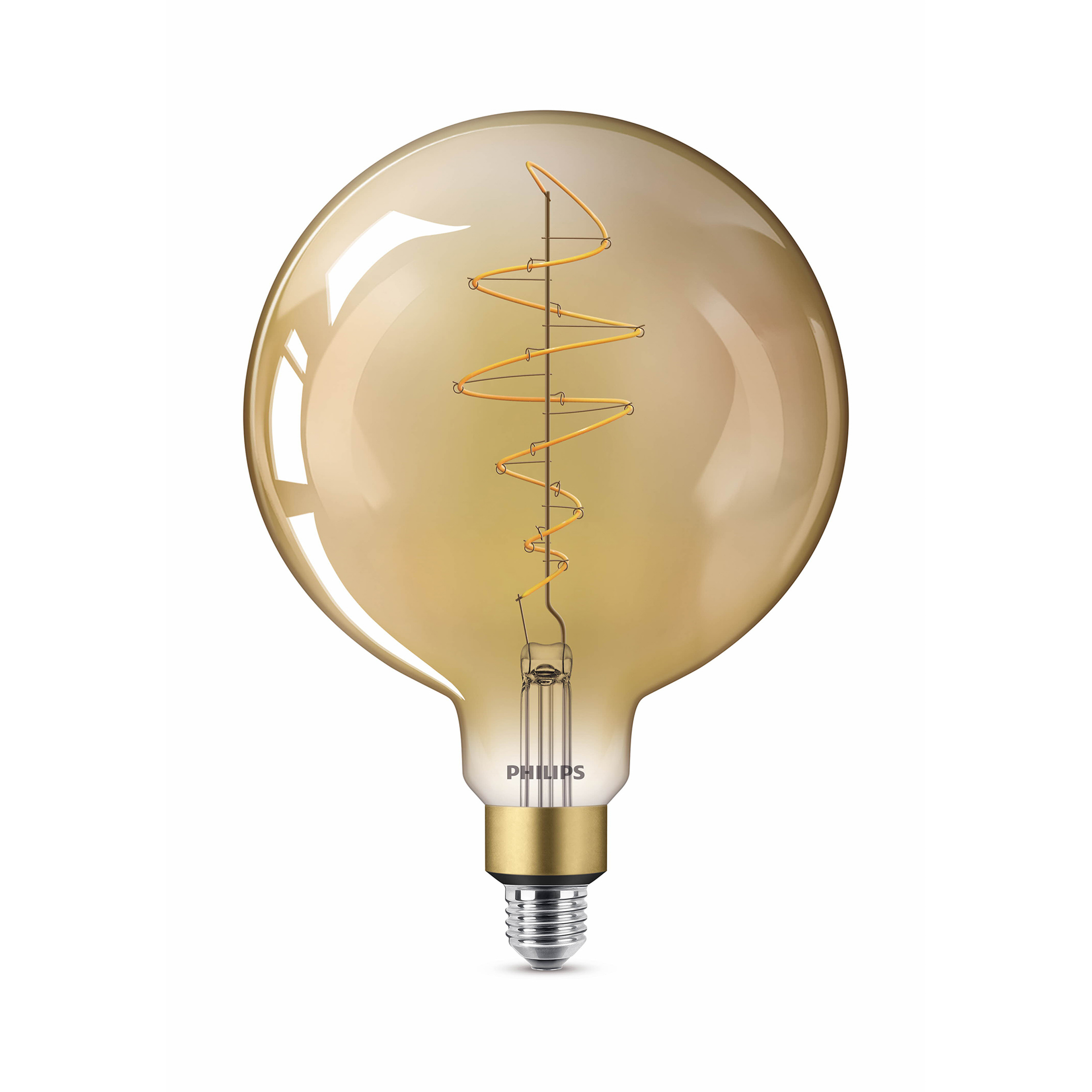 A Philips amber-colored, globe-shaped light bulb with a spiral filament.