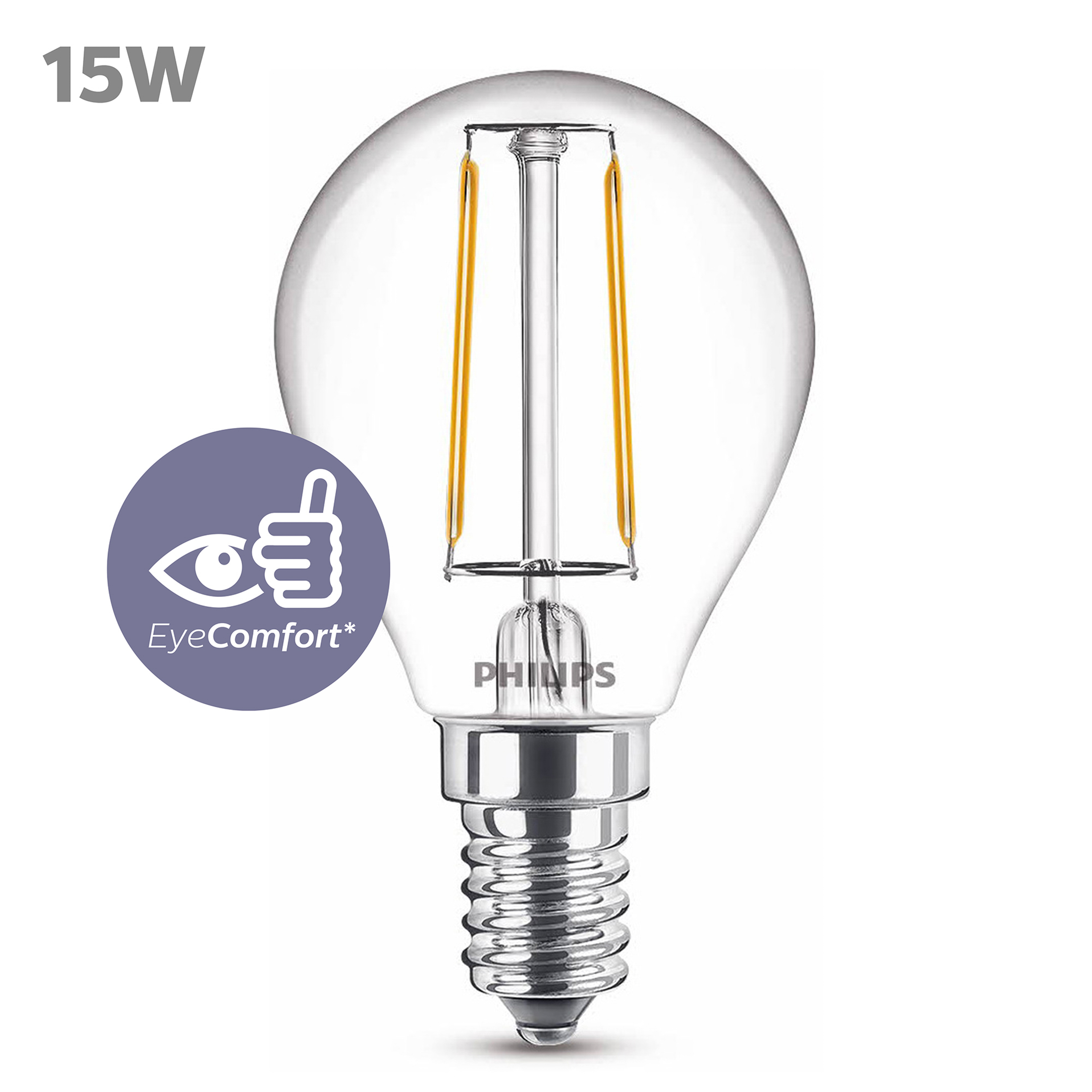 Une ampoule transparente avec une base argentée. L'ampoule a une forme ronde avec deux filaments jaunes.