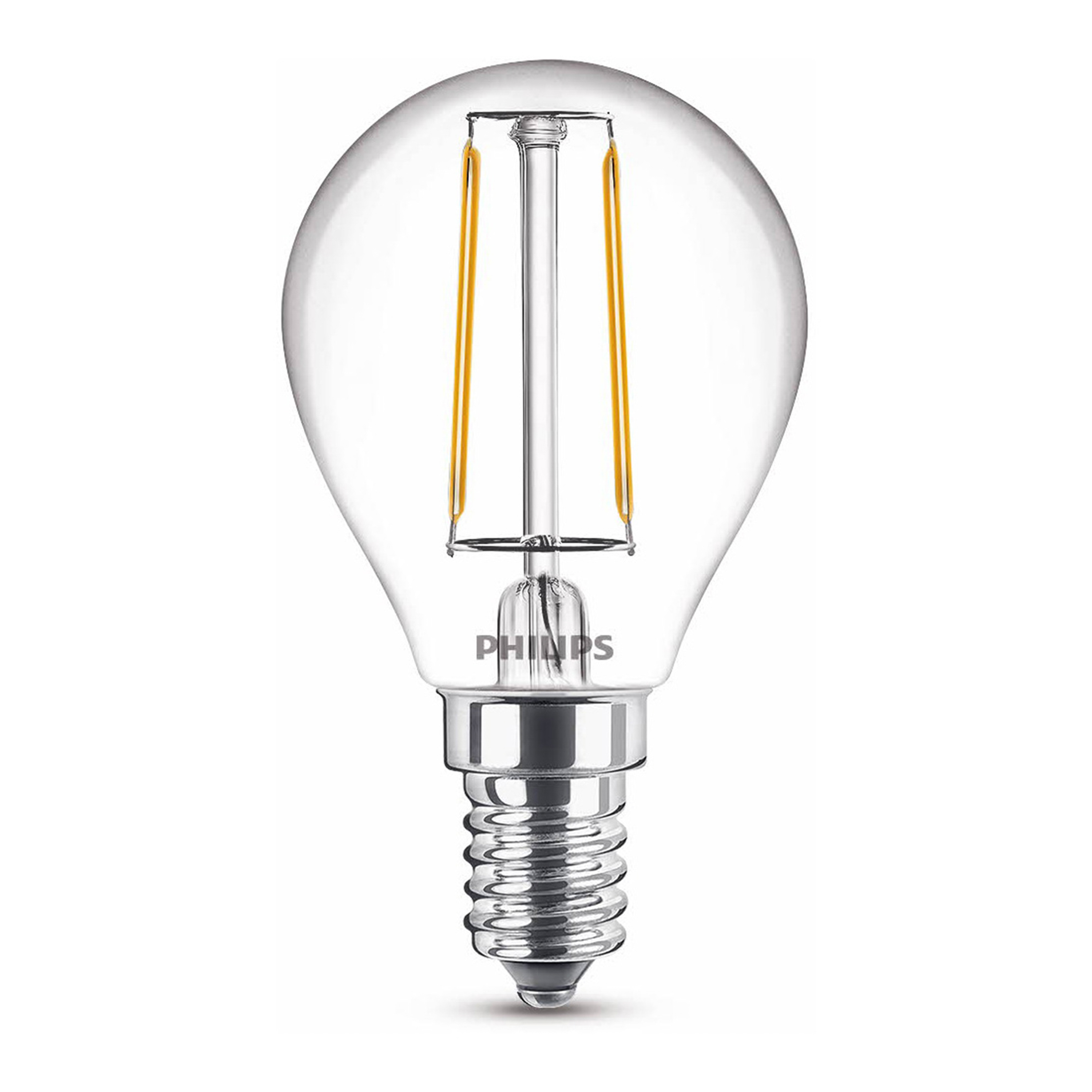 Une ampoule en verre transparent avec un socle argenté et deux filaments jaunes.
