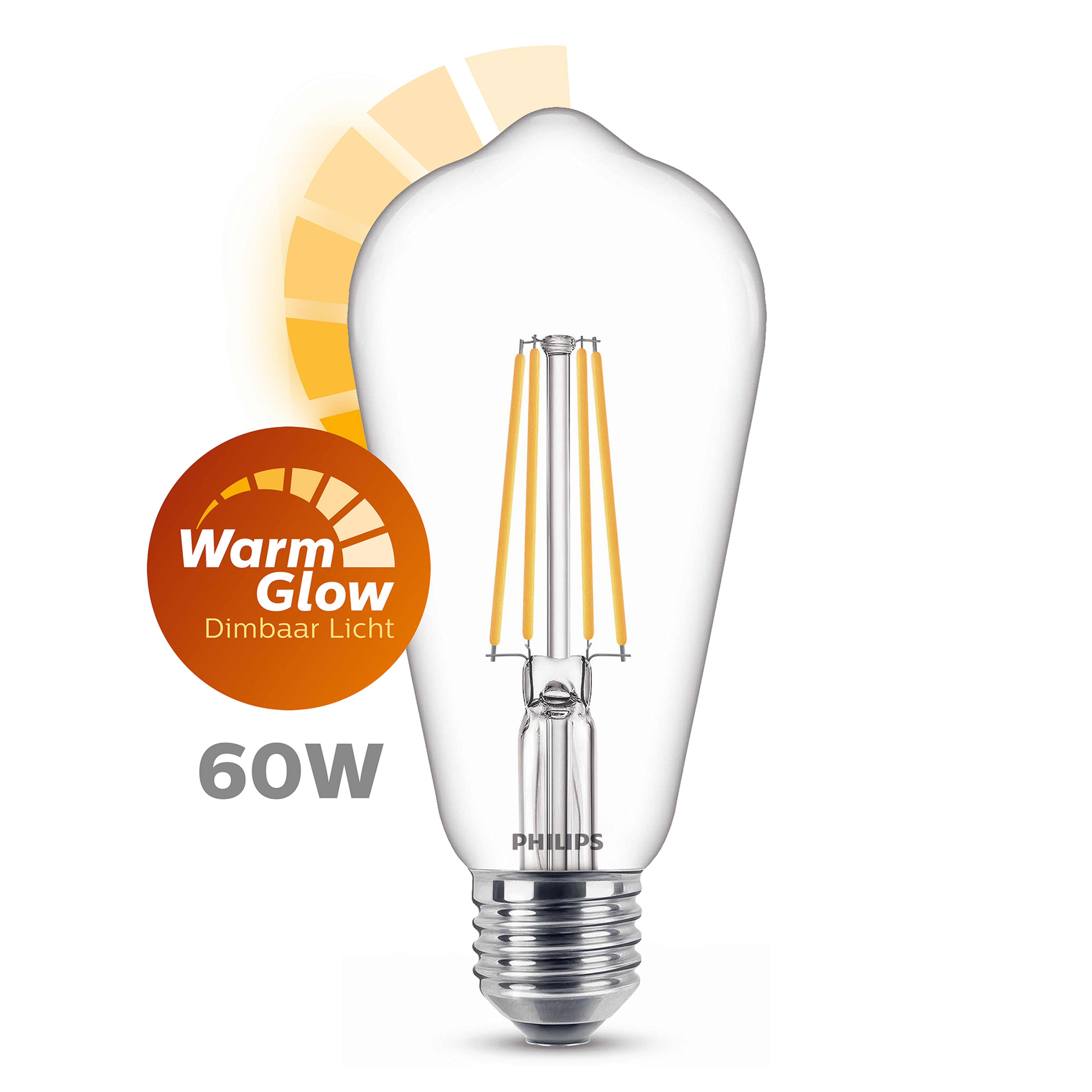 Ampoule transparente avec filaments exposés, entourée d'un effet de lueur chaude, 60W.