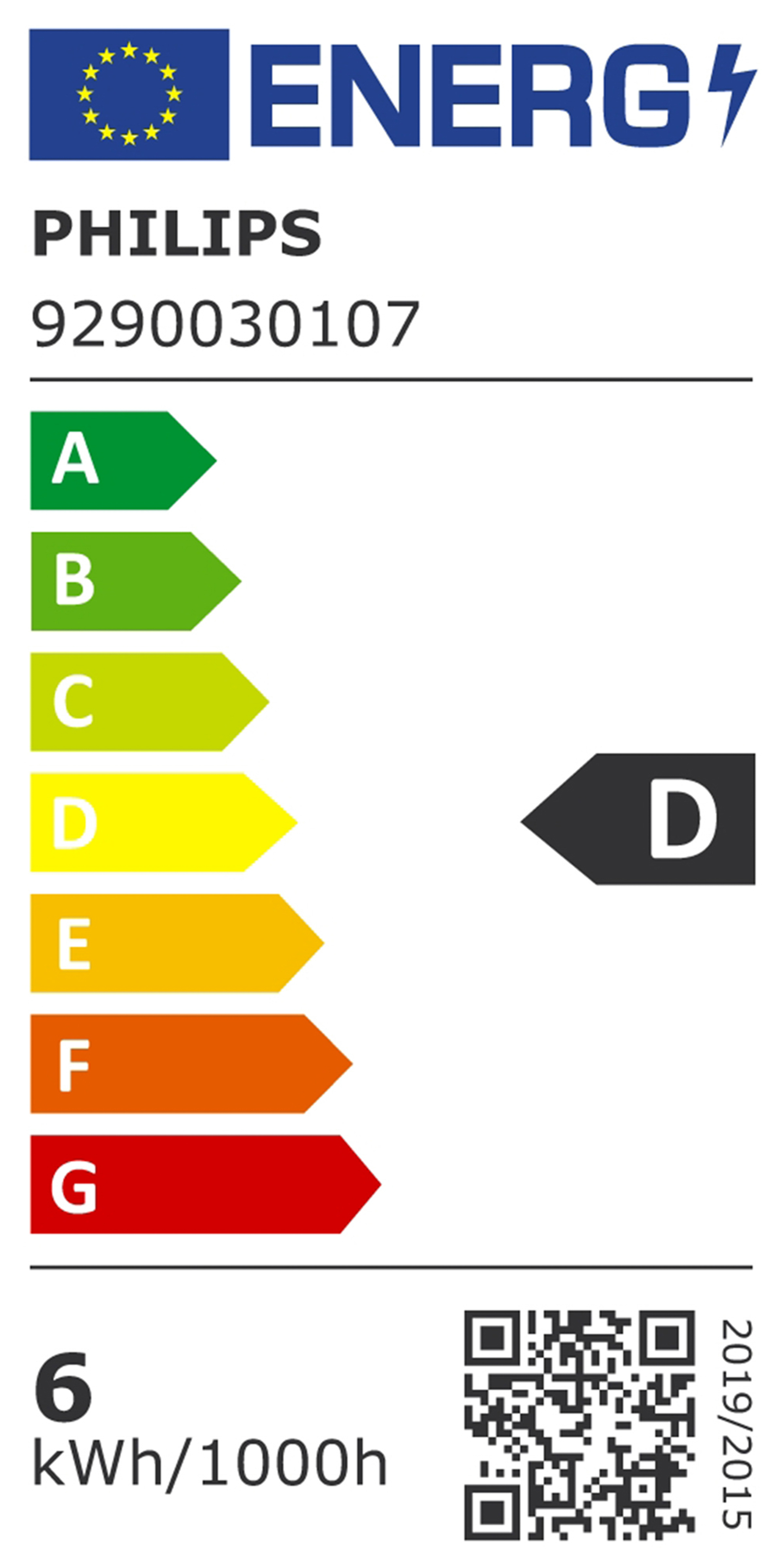 Étiquette énergétique avec la note 'D' et la marque Philips. Contient diverses notations.