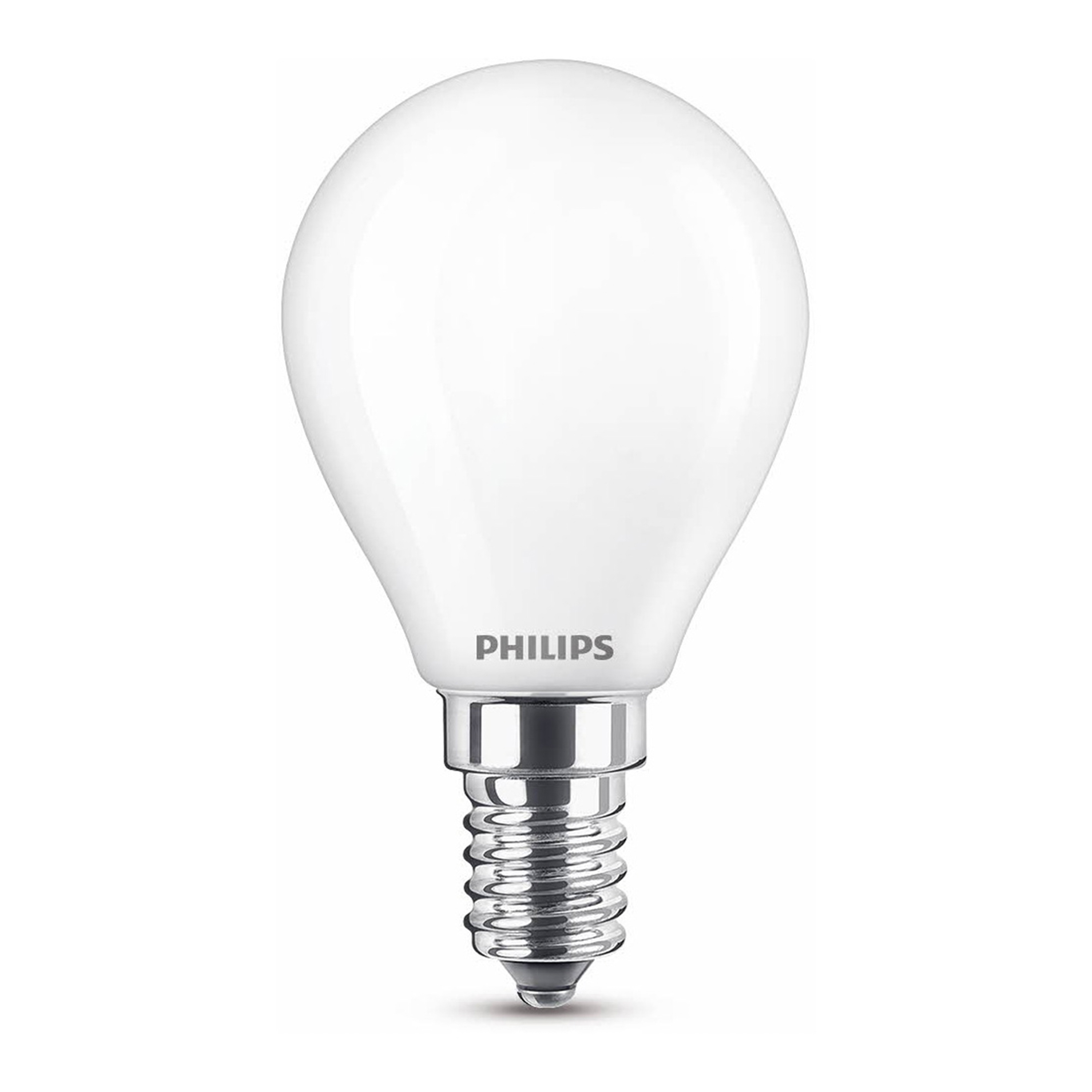 Une ampoule Philips blanche. Elle est en forme d'œuf et a un culot en métal.