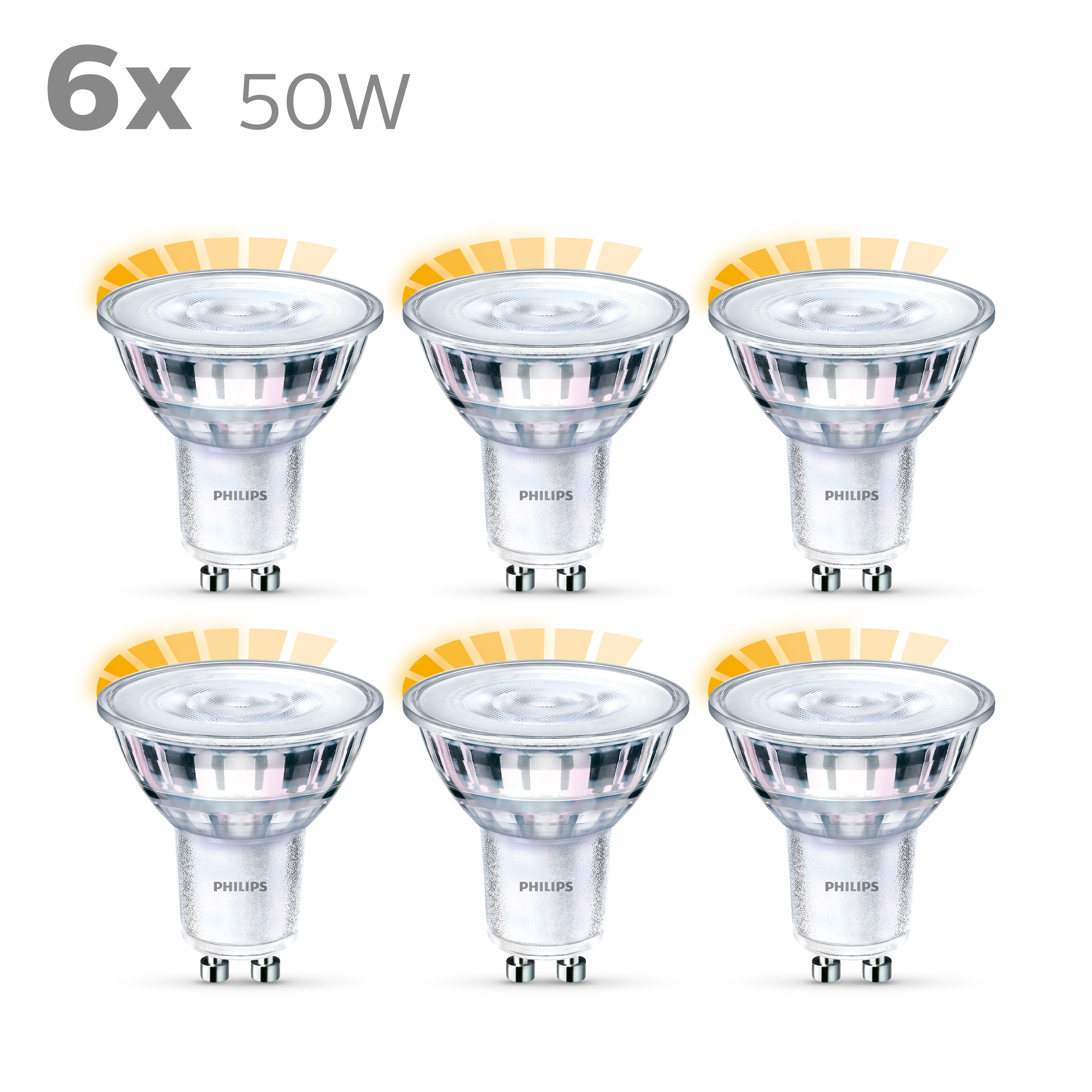 Six spots LED Philips, 50W chacun, sur fond blanc. Lignes d'énergie jaunes autour des ampoules.