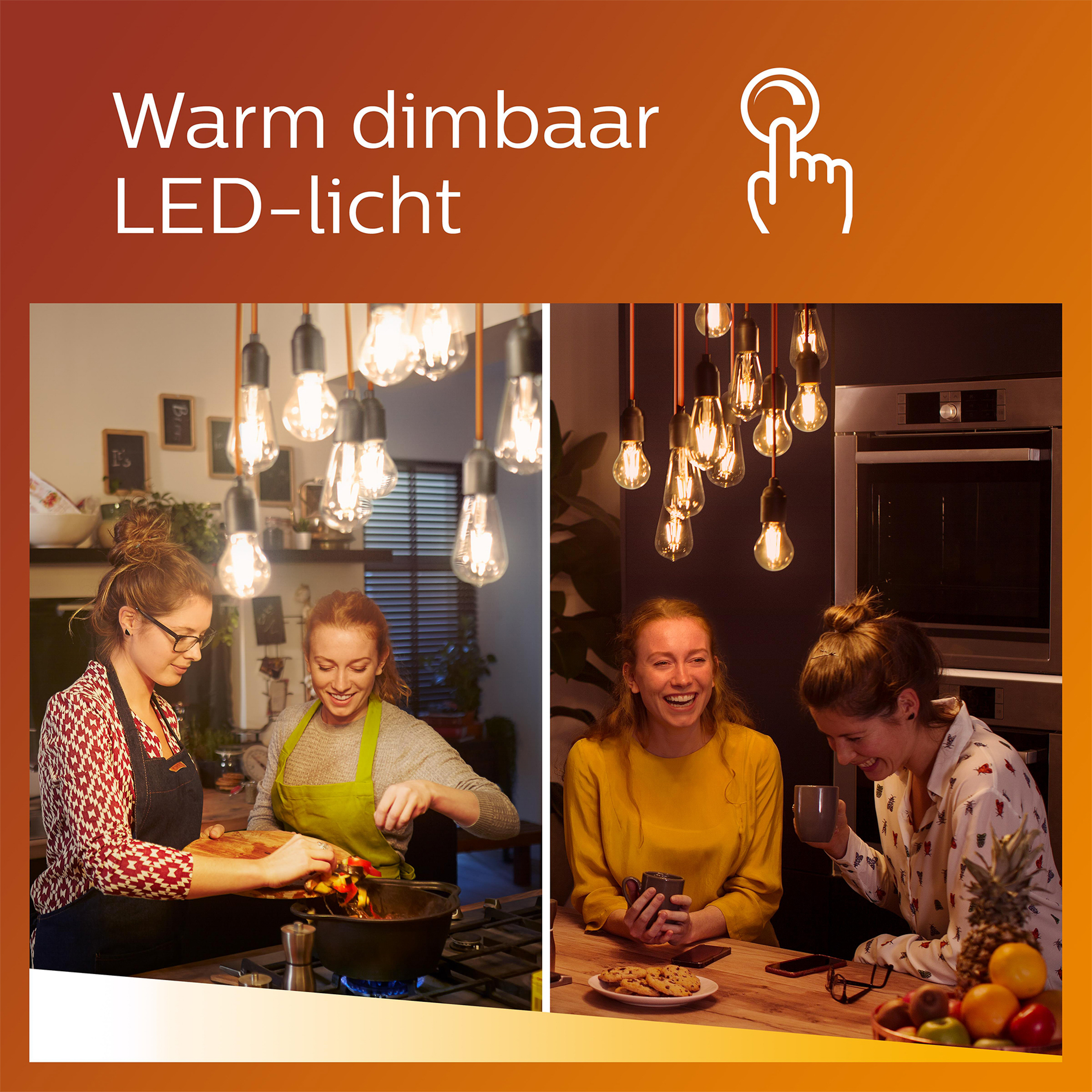 Deux scènes montrant des personnes profitant de la lumière chaude des LED Philips, cuisinant et socialisant.