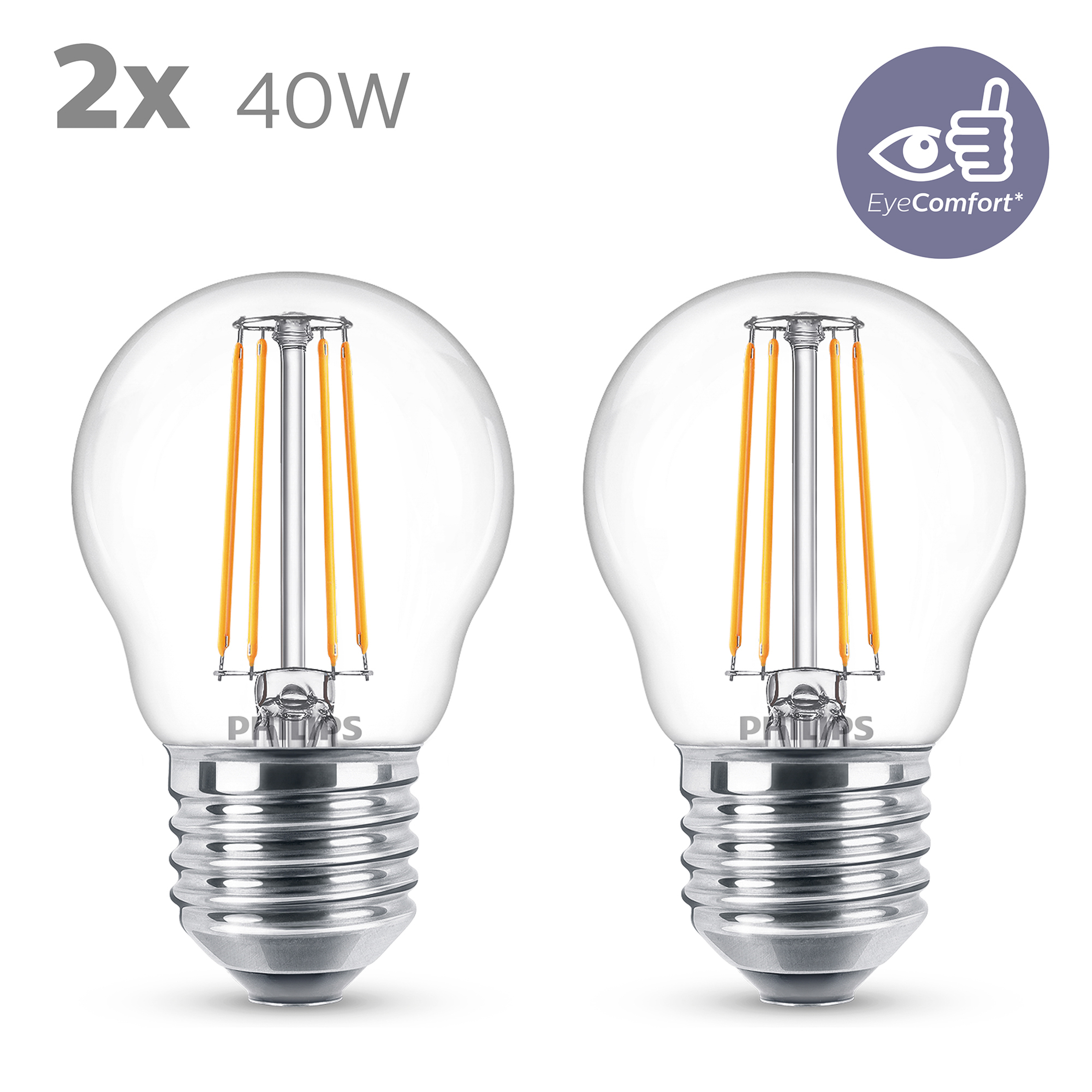 Deux ampoules, avec un logo à droite. Les ampoules sont transparentes, avec un filament orange.