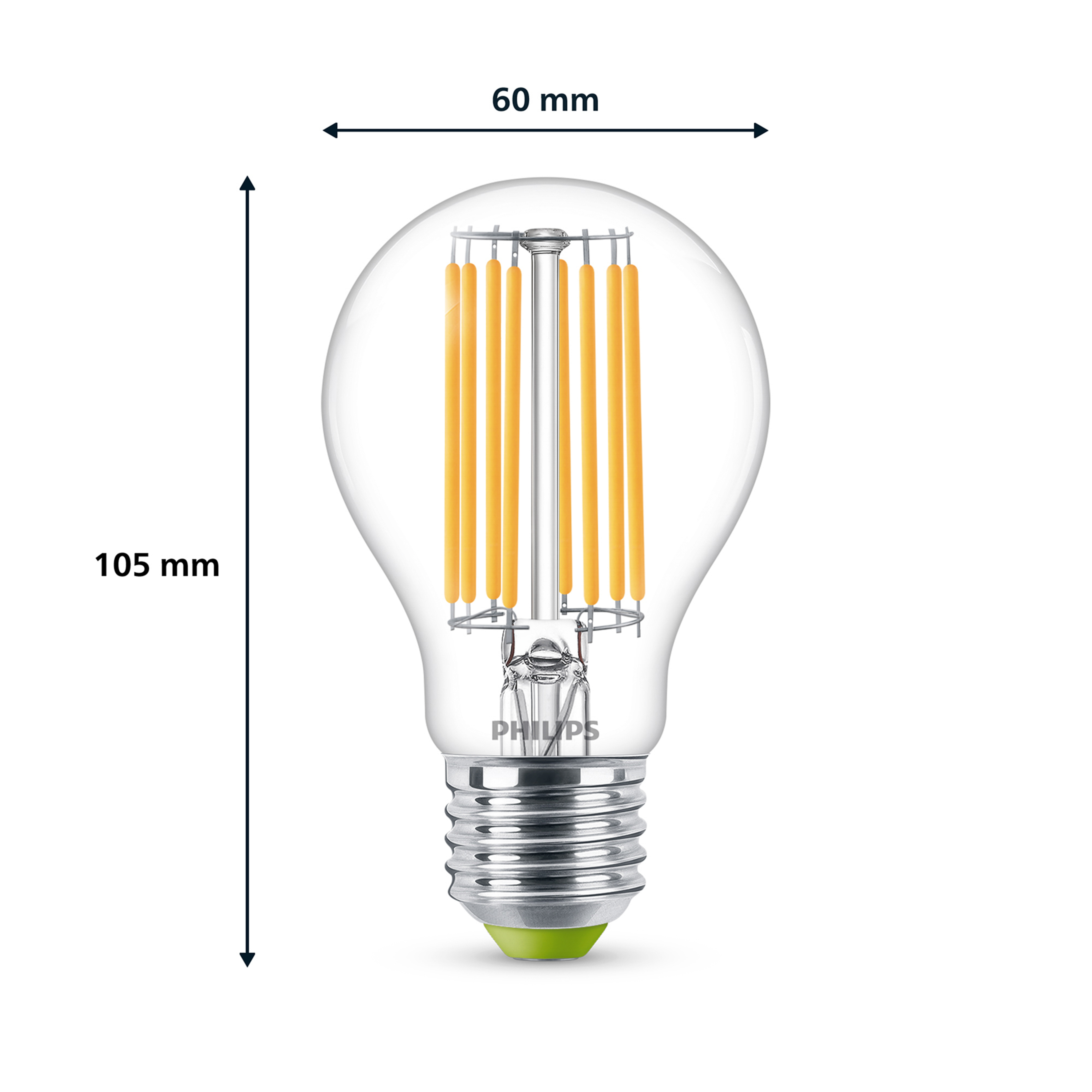 Una lampadina Philips trasparente con filamenti LED. I filamenti gialli sono all'interno. La lampadina ha una base verde.