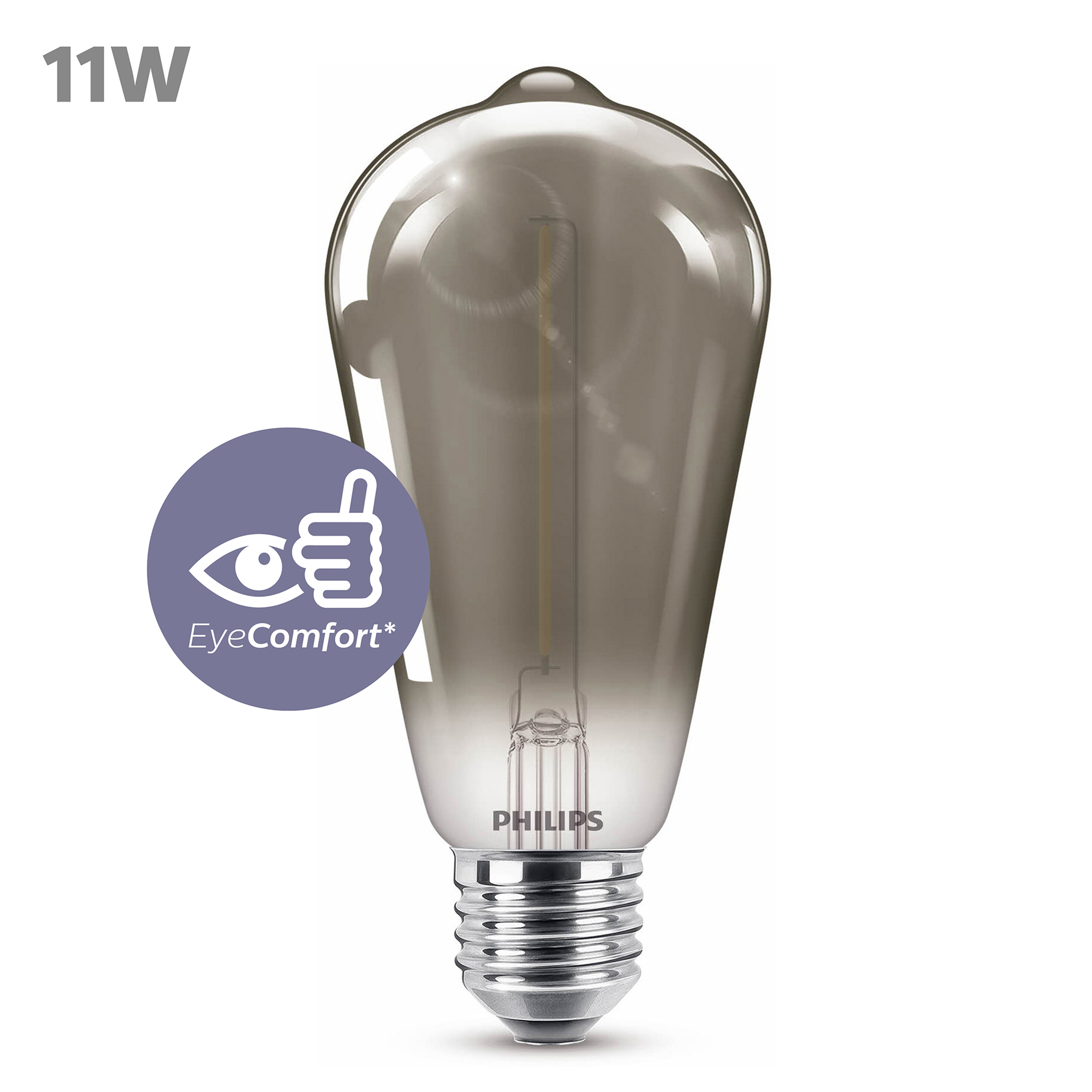 Eine Philips LED-Glühbirne mit dunklem Glas und dem EyeComfort-Logo. Sie zeigt 11W.